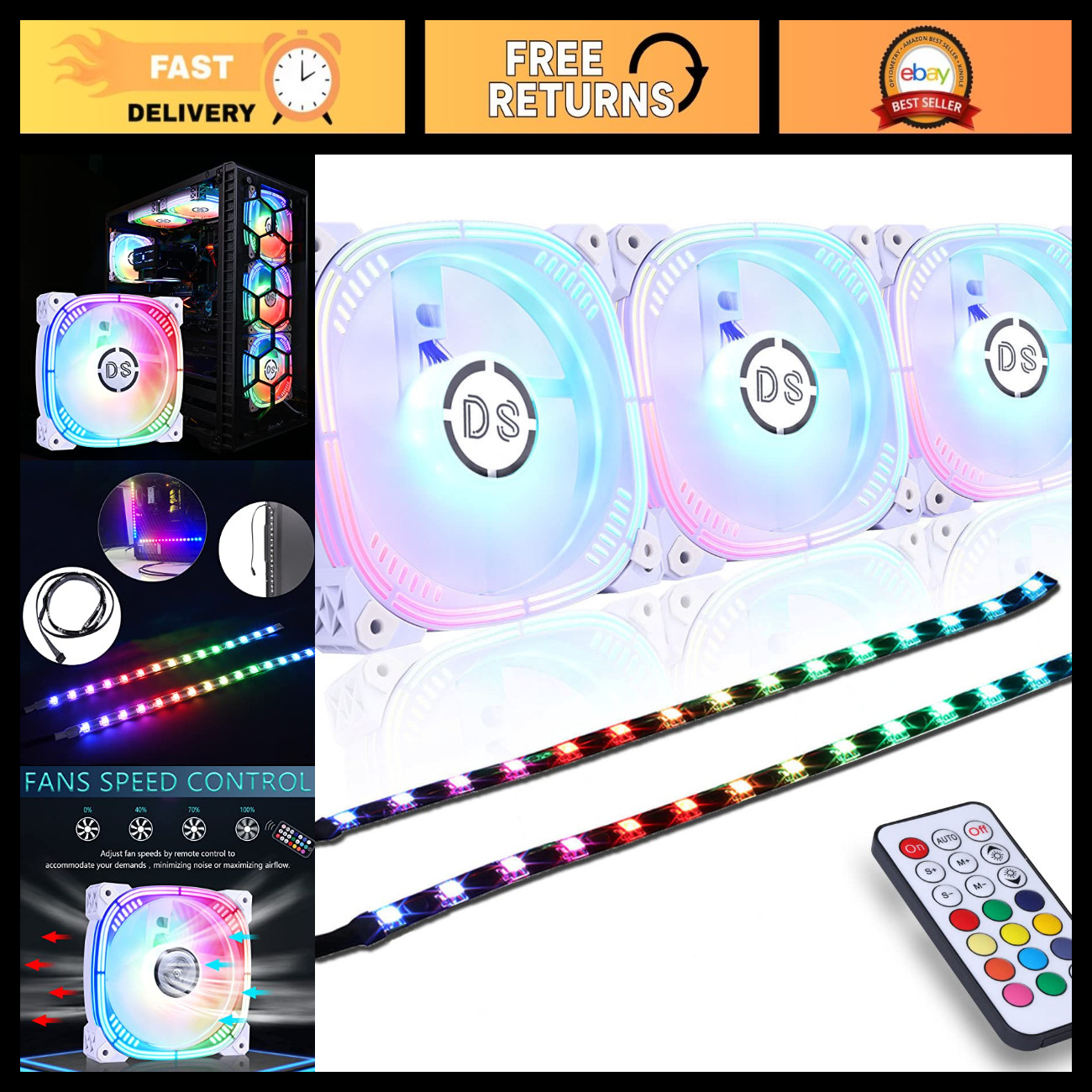 120MM RGB LED PC Case Fans with Controller - 3 Pack + 2 Pack Magnetic LED Strips