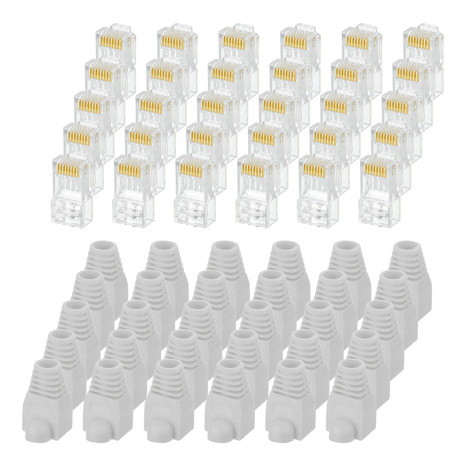 30Pack Cat6 RJ45 Pass Through Connectors with 30Pack Blue Strain Relief Boots