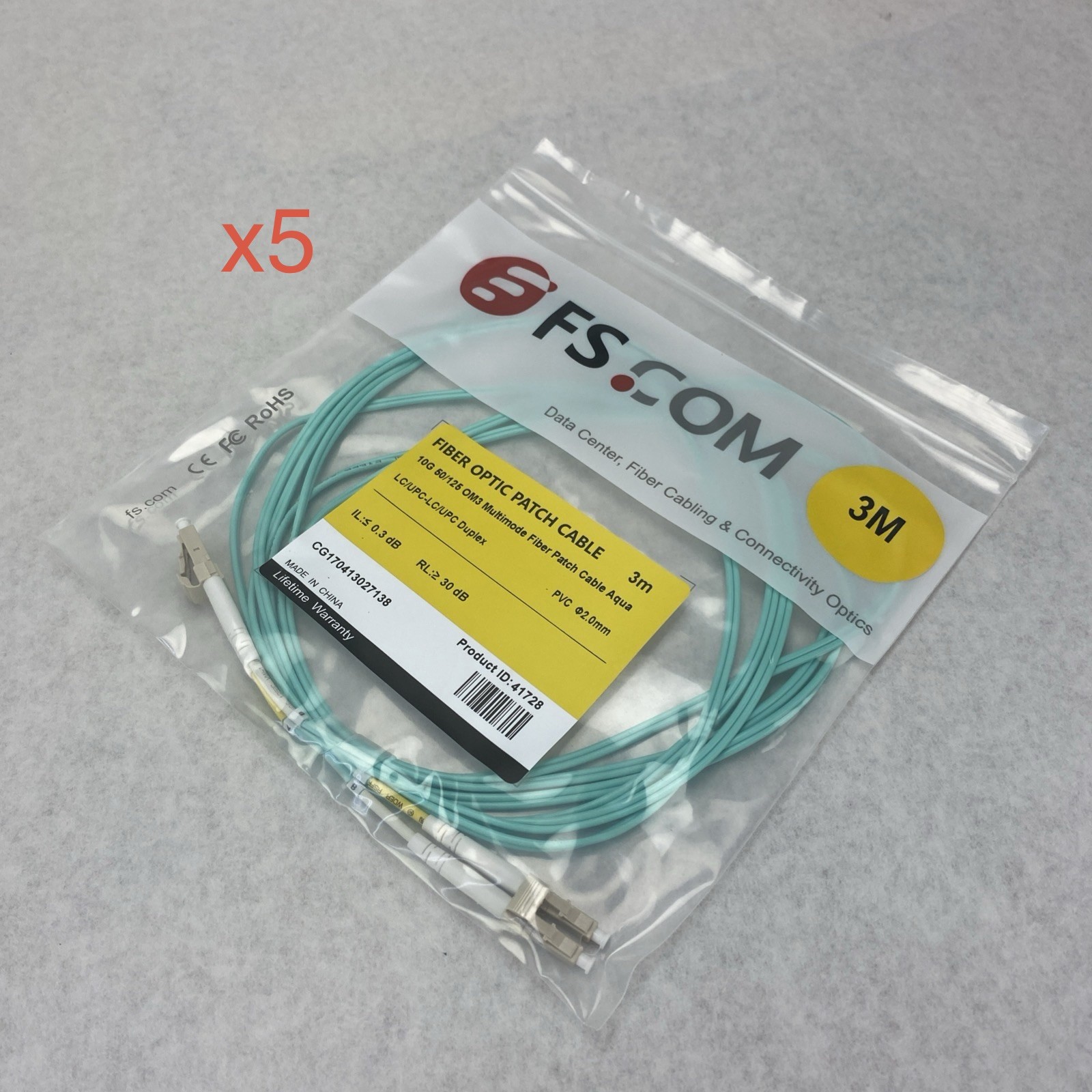 FS.Com Fibre Optic Patch Cable 10G 50/125 OM3 Multimode Color Aqua 3M - Lot Of 5