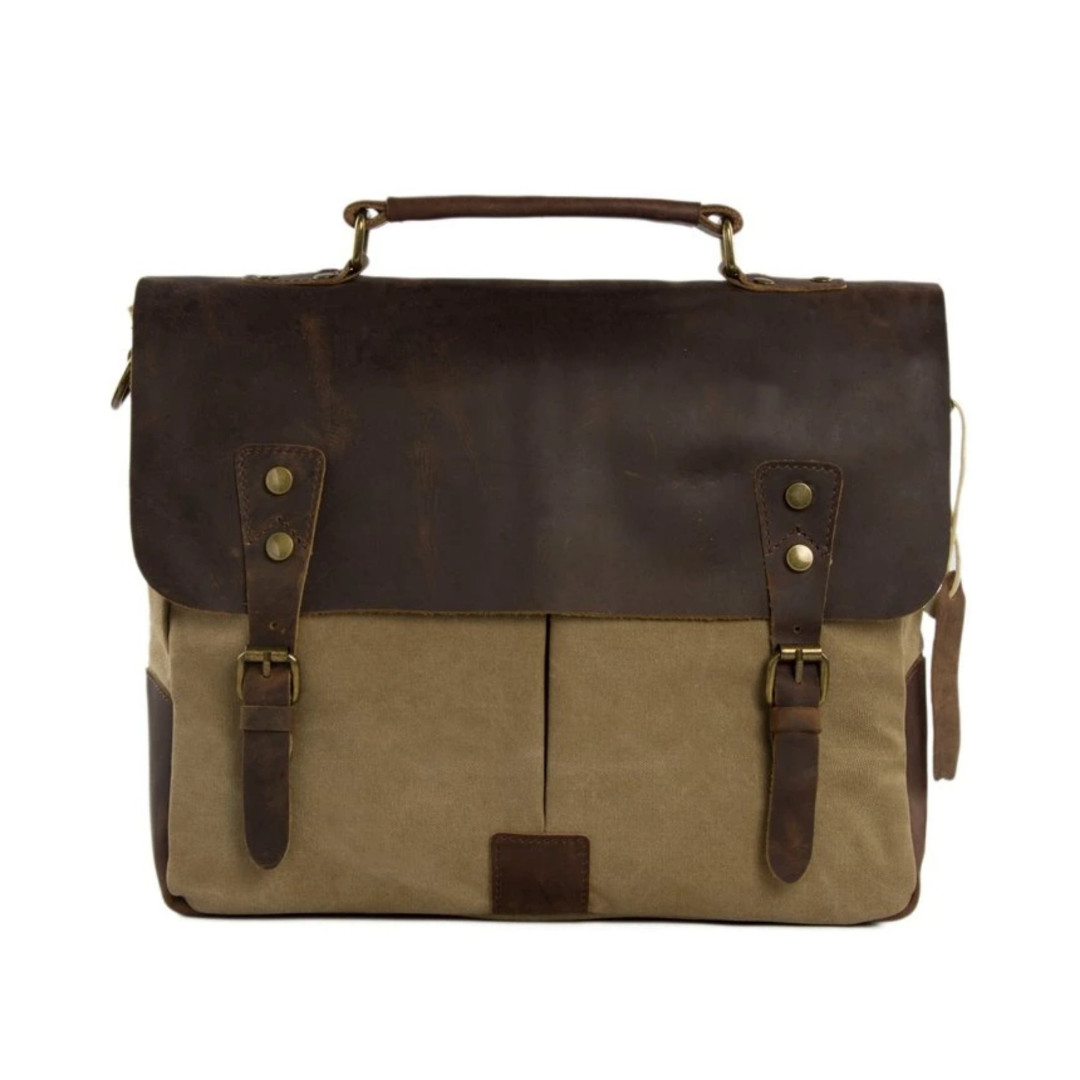 Handmade Waxed Canvas & Leather Satchel Messenger Bag - Khaki/Coffee