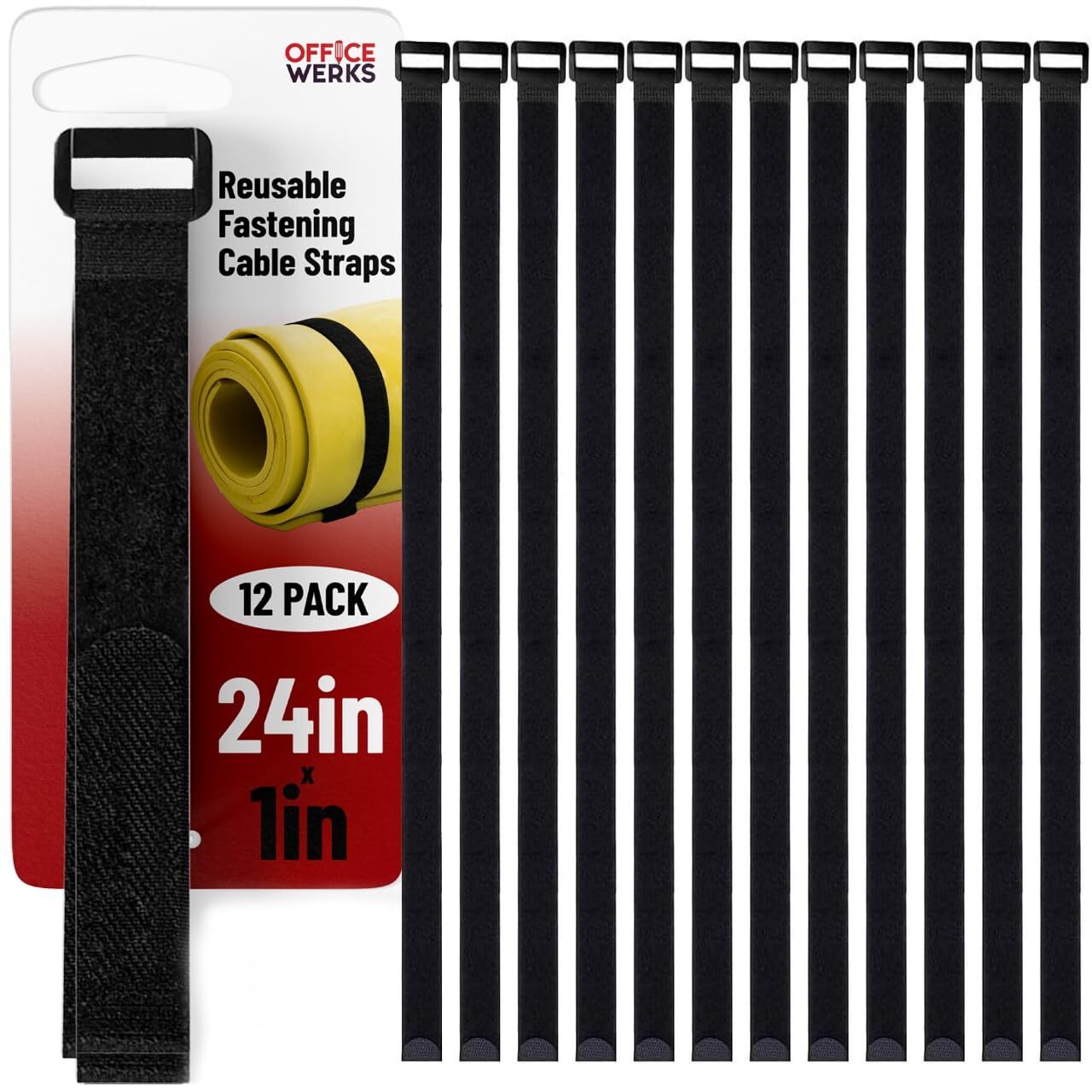 Office Werks 12 Pack Of 24" X 1" Inch Cinch Straps Reusable Black Nylon Cable/se
