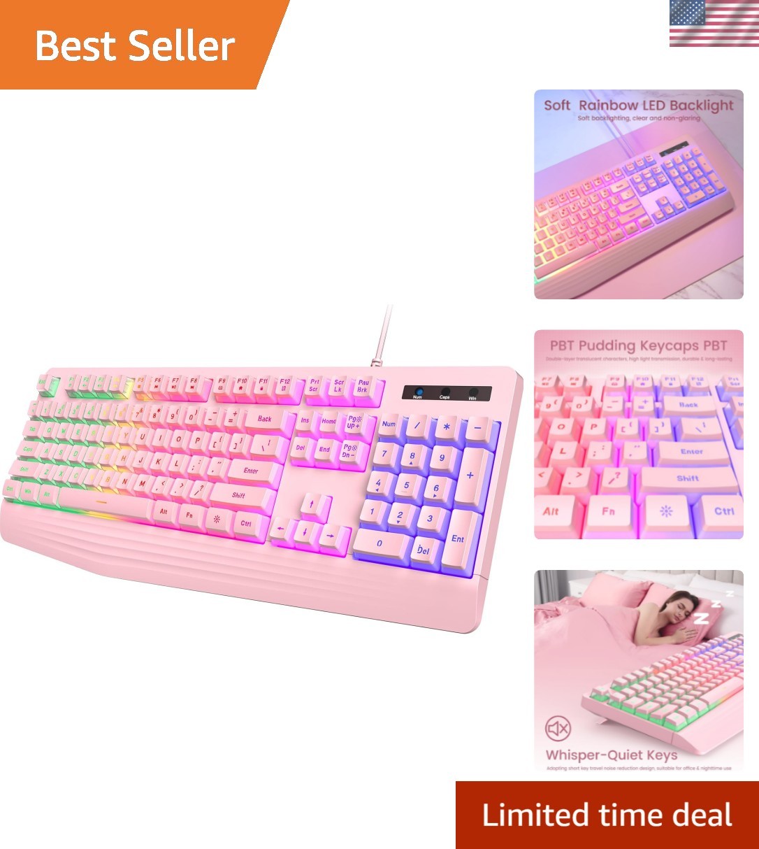 Pink Creamy Keyboard, Rainbow LED Backlit, 104 Keys Silent Light Up Gaming Ke...