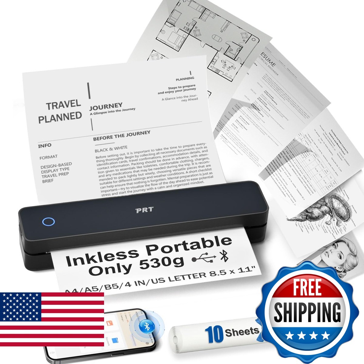 PRT MT610 Wireless Thermal Portable Printer Bluetooth for iPhone Android - Black