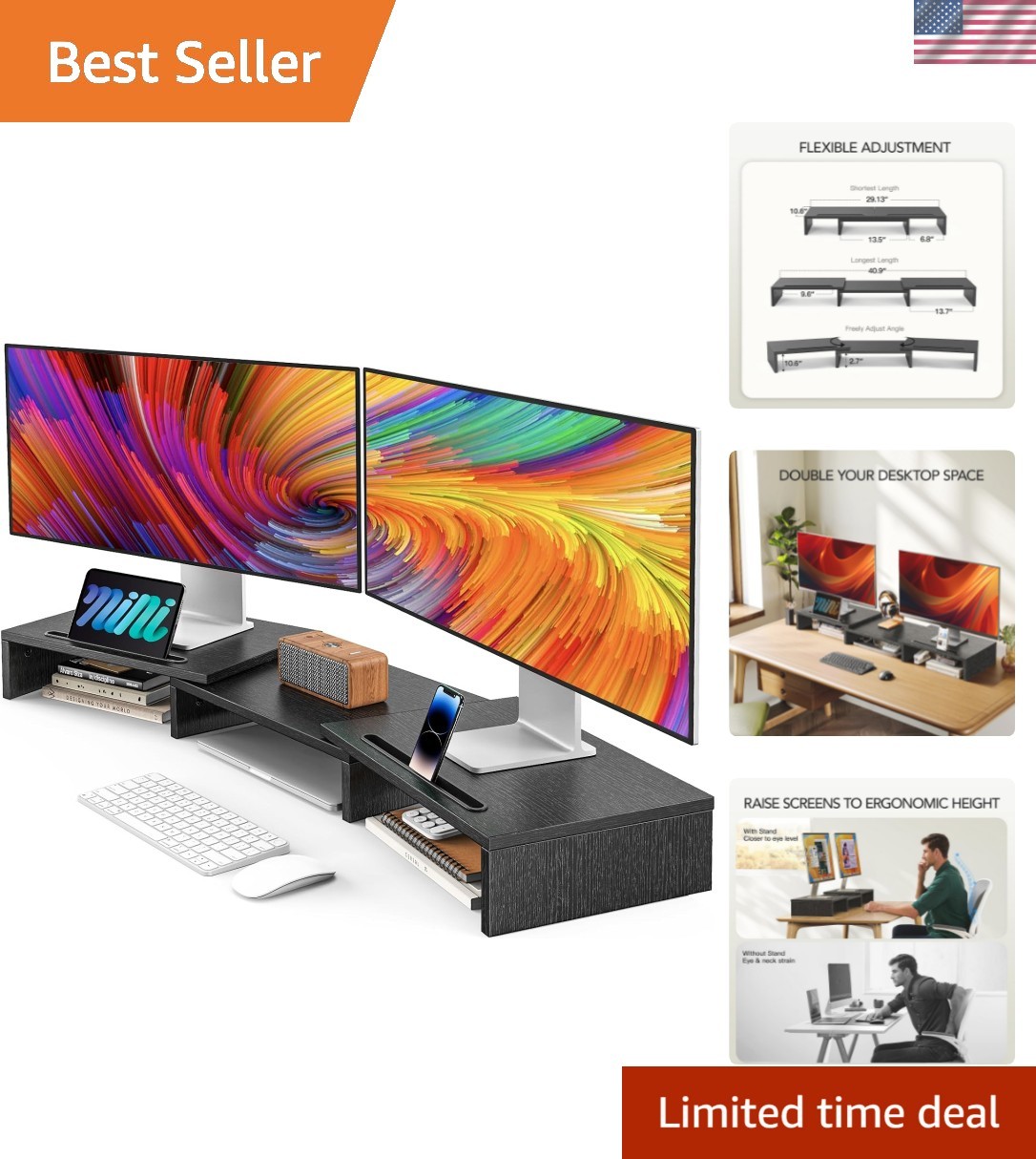 Elegant Dual Monitor Stand Riser - Adjustable Ergonomic Desk Organizer, Black