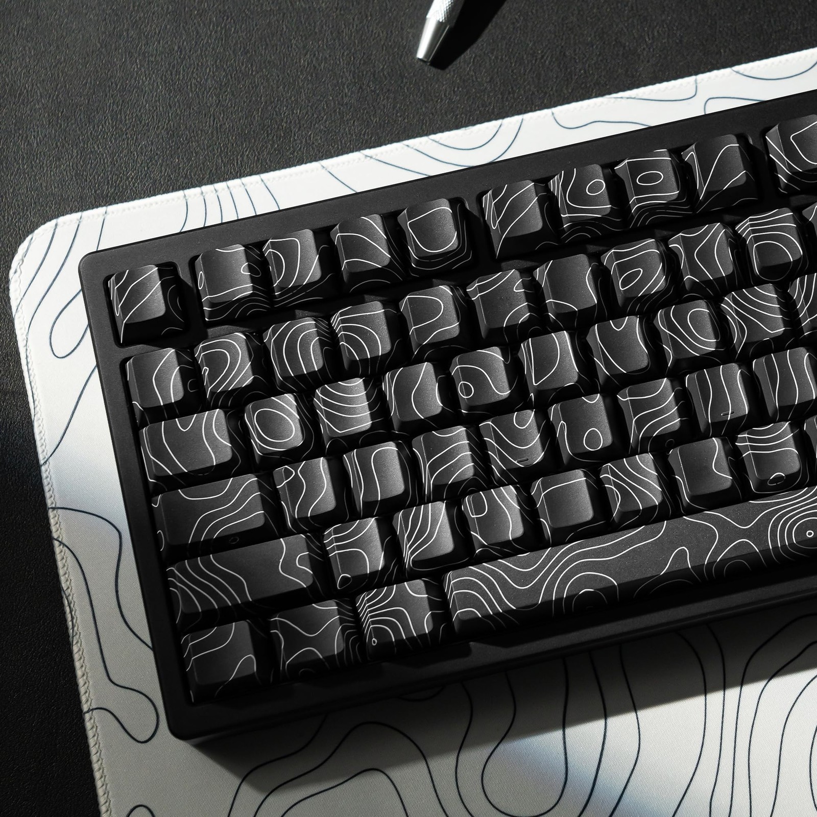 Black Topographic Keycaps, Double Shot PBT, Shine Through, Side Printed, Cherry