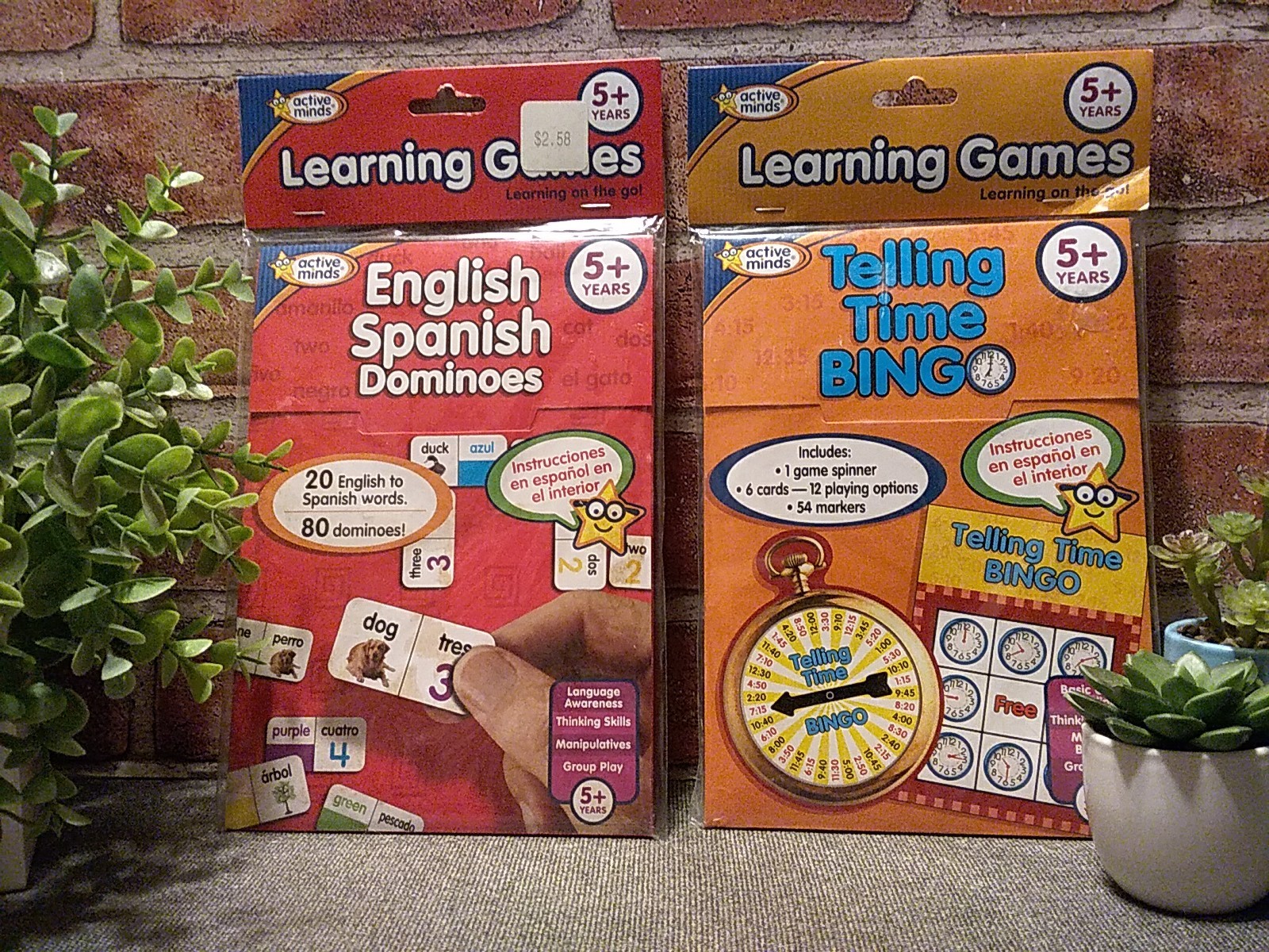 Vtg 2007 ACTIVE MINDS English Spanish Dominoes & Telling Time Bingo 2pc Set (5+)