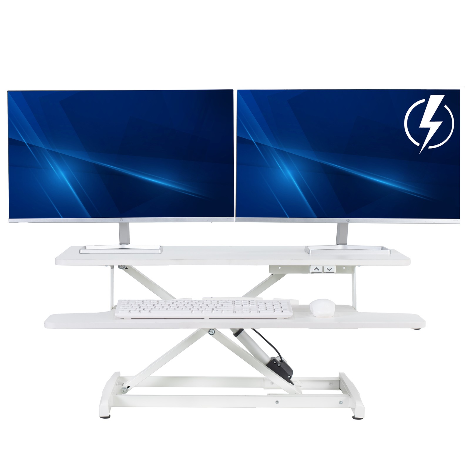 VIVO White Electric 36" Standing Desk Monitor Riser, Dual Arm Sit Stand Tabletop