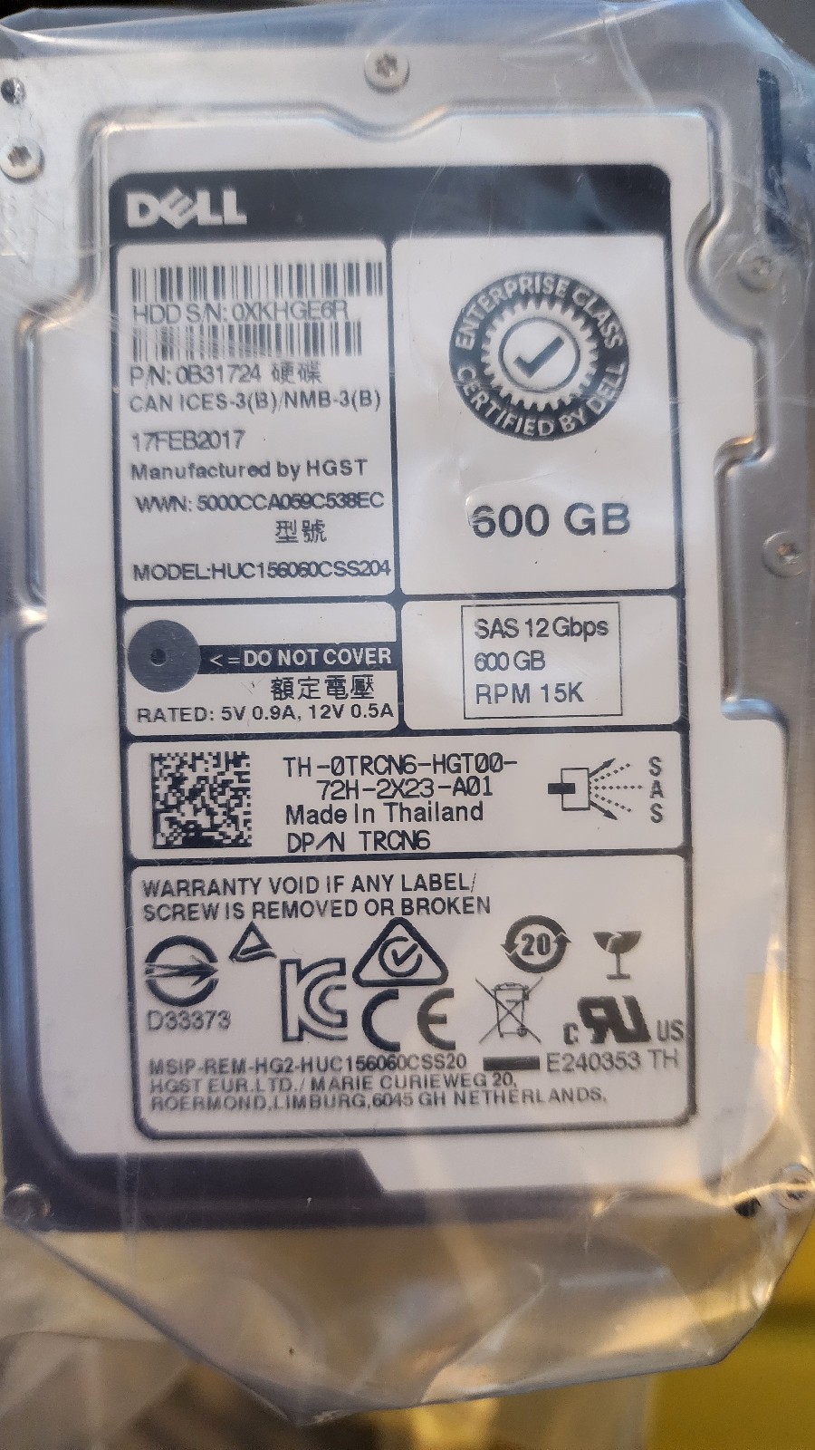 0B31724 DELL HUC156060CSS204 600GB 15K RPM 6Gb/s 2.5" SAS SERVER HDD Hard Drive