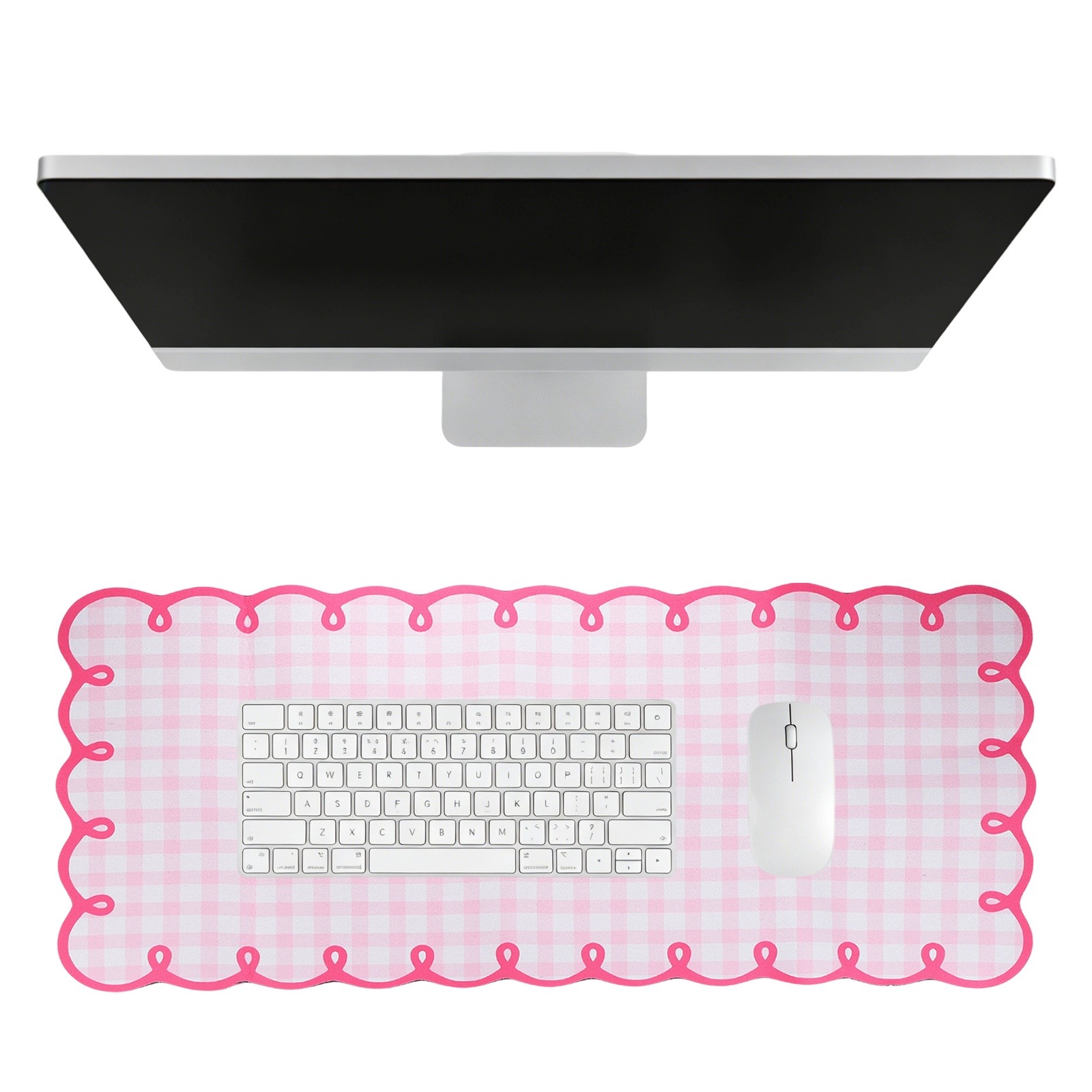 Scalloped Desk Mat, 35.4 x 15.7" Checkered Large Mouse Pad, Light Pink
