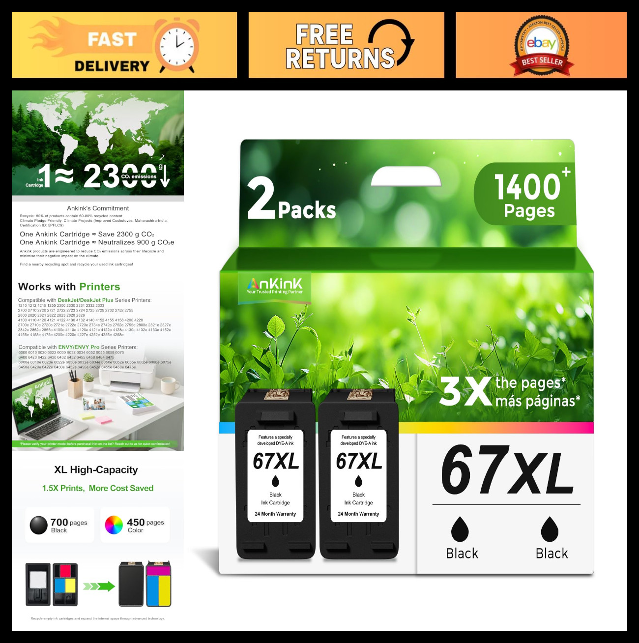High-Capacity Black Ink Cartridge Replacement 67XL (2-Pack) for HP DeskJet & Env
