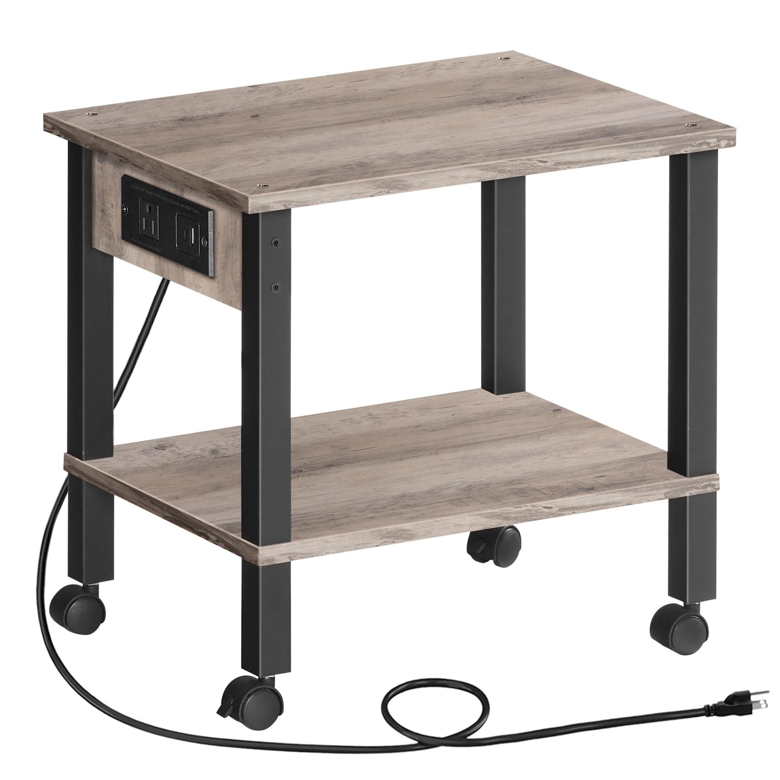 2-Tier Printer Stand with Charging Station Storage Shelves Wheels Greige Black