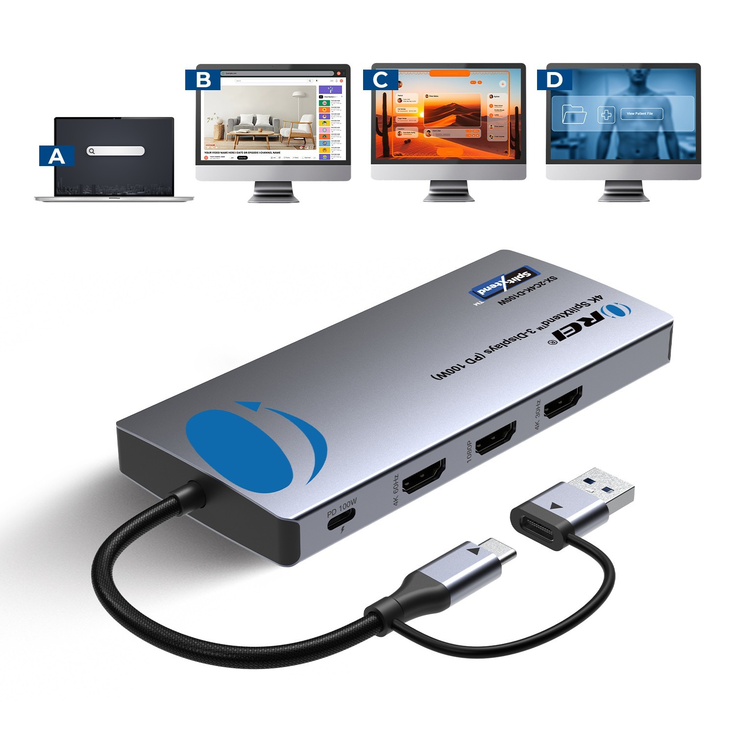 OREI 4K SplitXtend™ 3-Displays (PD 100W) (SX-2C4K-D100W)