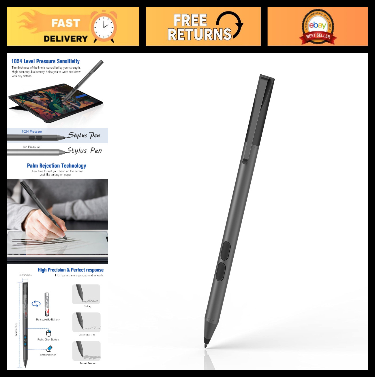 Active Stylus Pen for Touchscreen Devices, Ultra-Fine Tip, 1024 Pressure Sensiti