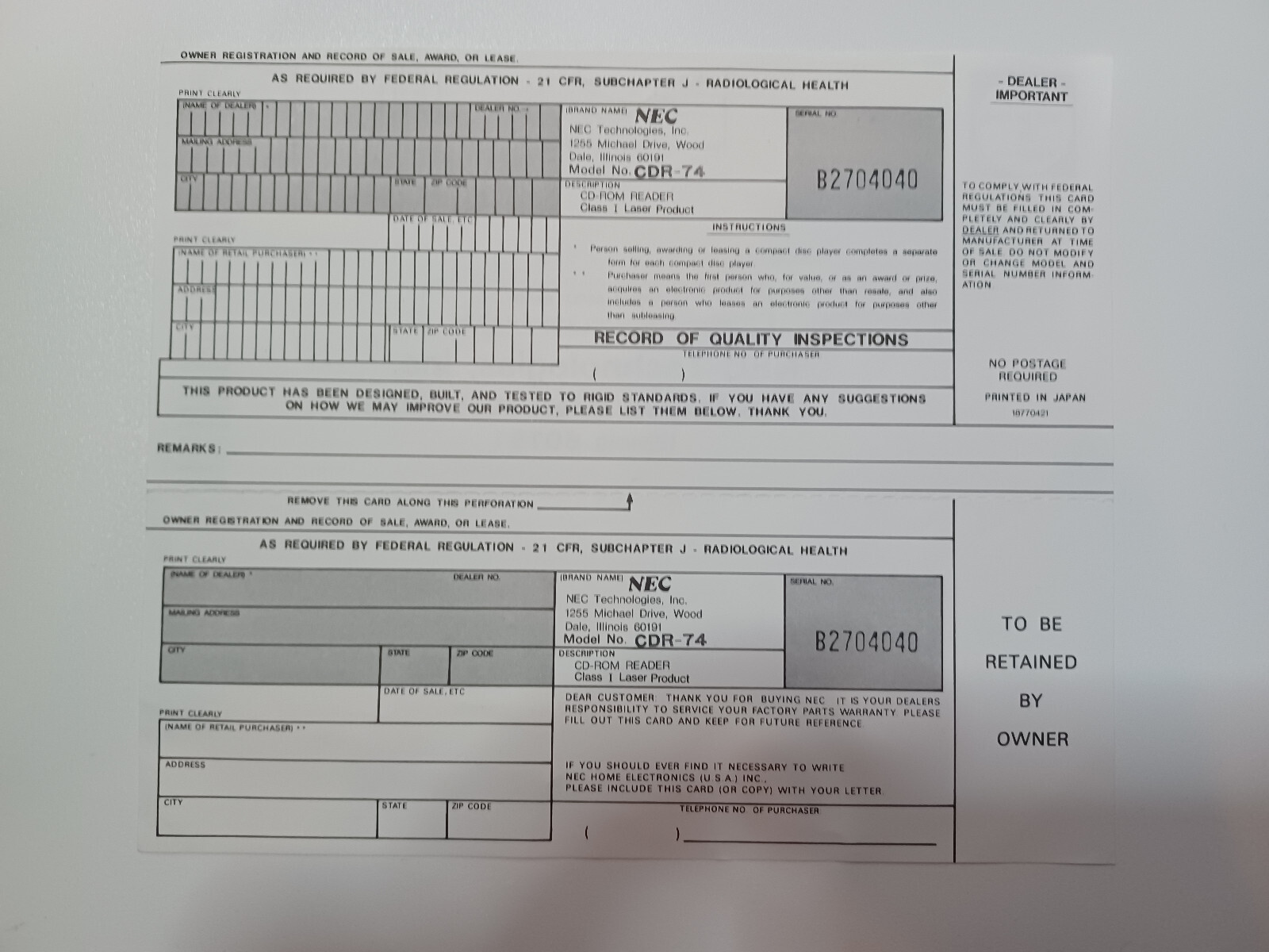 REGISTRATION CARD ONLY FOR NEC CDR-74 CD-ROM READER - CARD ONLY NO READER AT ALL