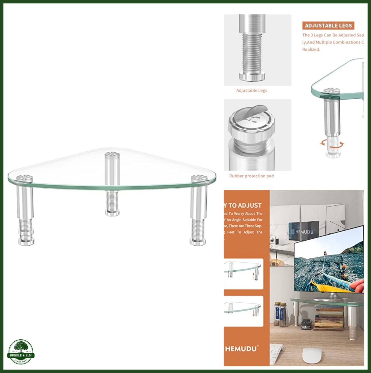 Clear Glass Monitor Riser Adjustable Height Ergonomic Triangle Stand