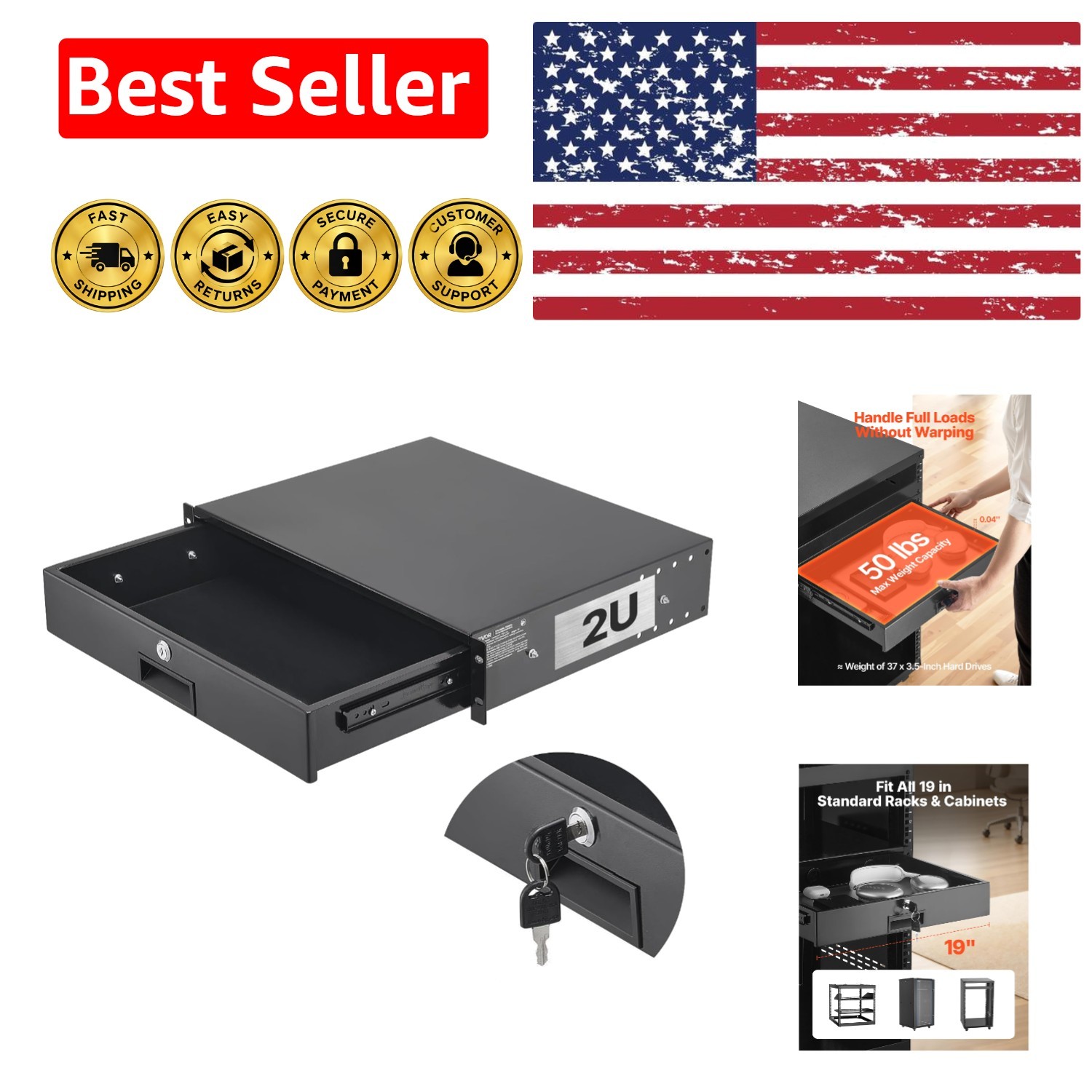 2U Server Rack Drawer with Cable Management - 50 lbs Load Capacity, Easy Install