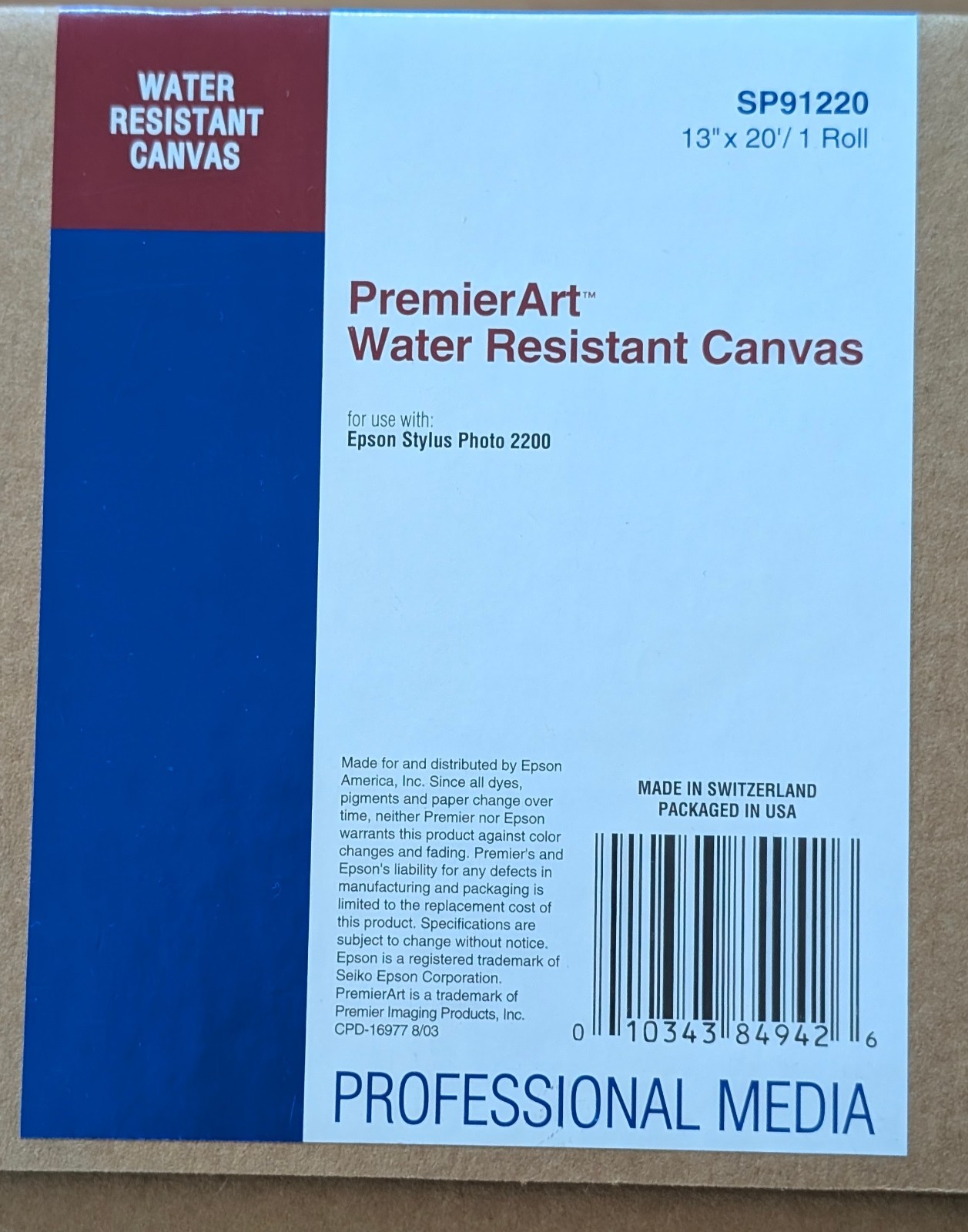 Premierart 13 Inch x 20 Feet Water Resistant Canvas (SP91220) For Epson Printer