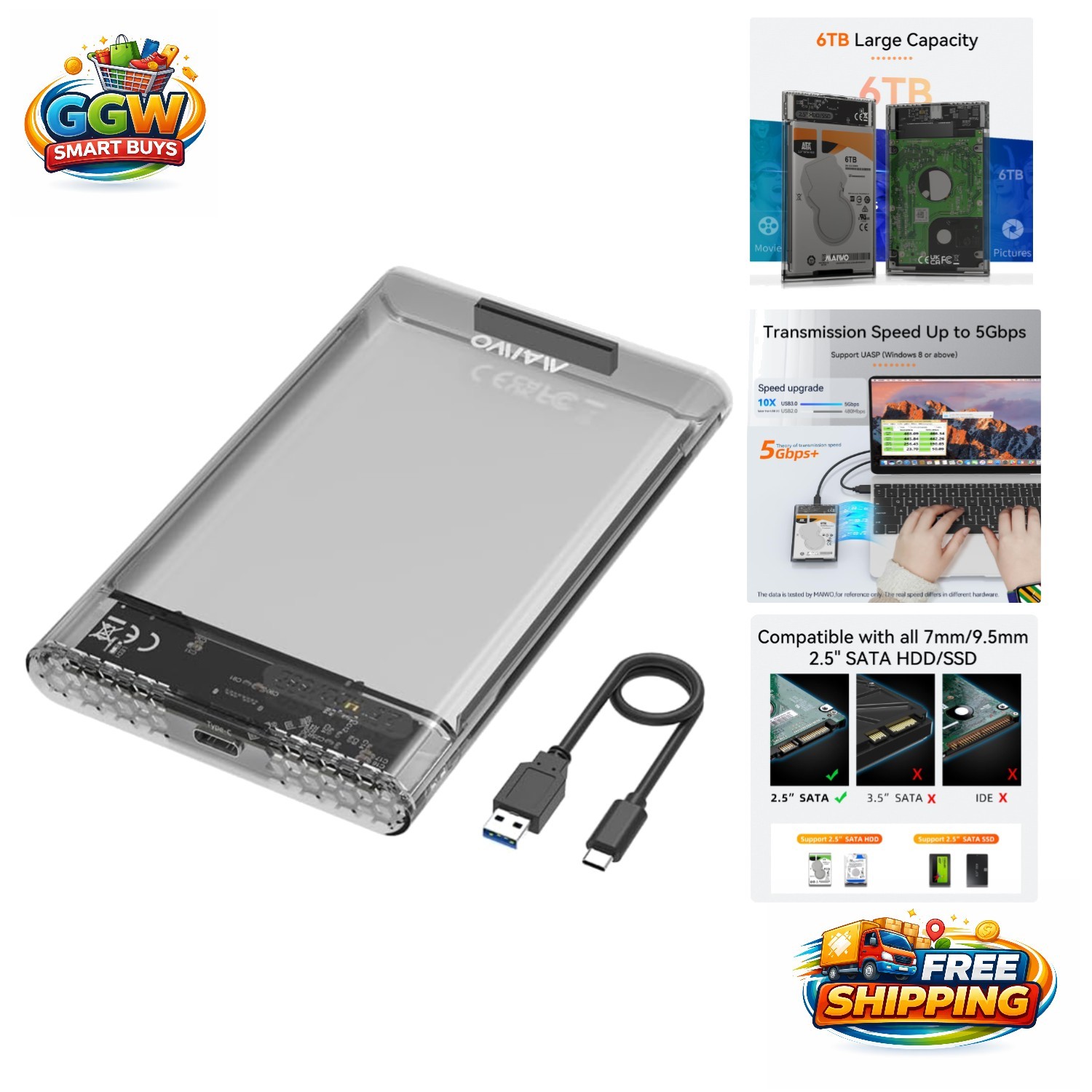 Portable External Hard Drive Enclosure - 6TB SATA Case with USB-C Fast Transfer