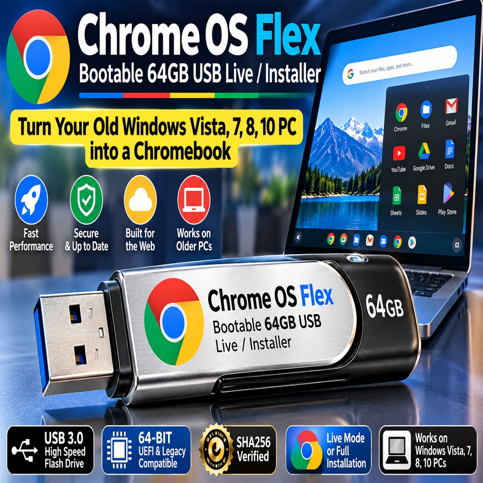 Chrome OS ChromeOS Flex Installer USB Drive 64GB Replace Your Old Windows or Mac