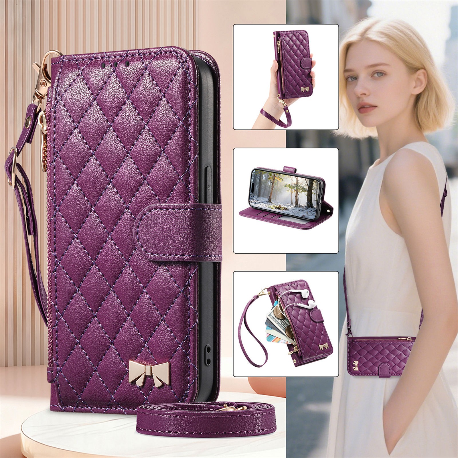 Strap Grid Leather Card Wallet Cover Case For S26 S25 S23 S24 S21 S20 FE S22