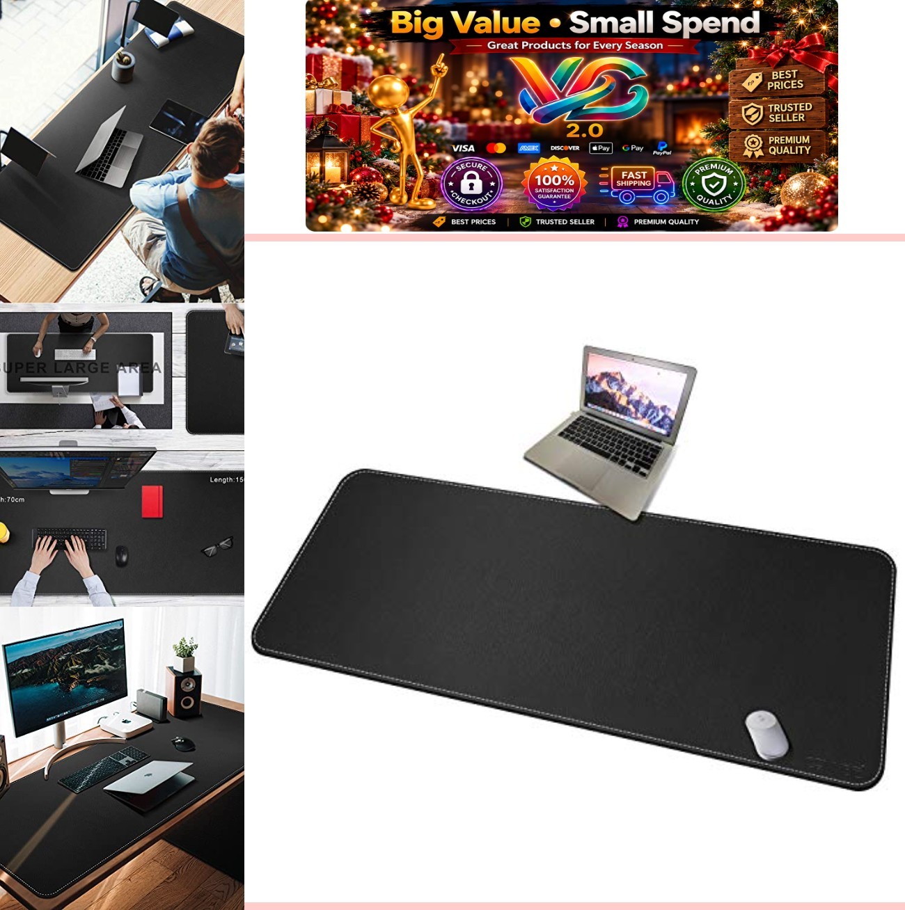 Large PU Leather Desk Mat 59 x 27.5 Inch XXL Black Non-Slip Desk Pad Protector