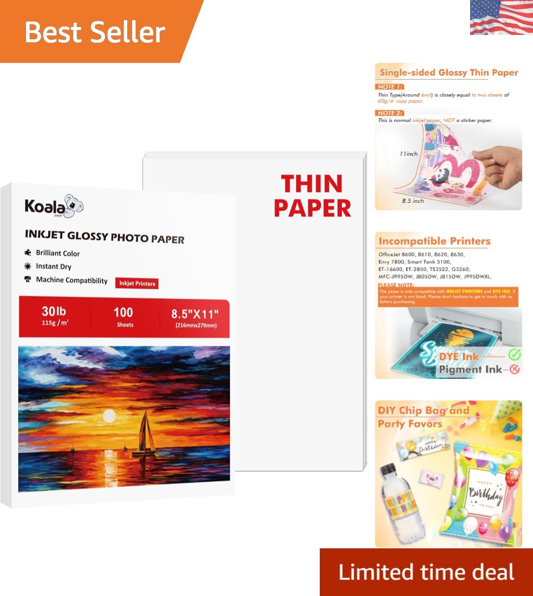 Professional-Grade Glossy Inkjet Paper - 8.5x11” with 100 Sheets, No Smudge