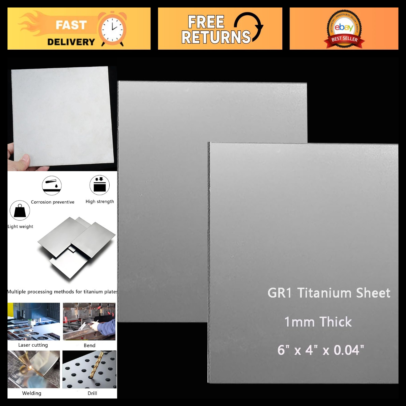 2 PCS 1mm Thick Titanium Sheet Plate - 6"x4" Metal for Aerospace, UAV, DIY Proje