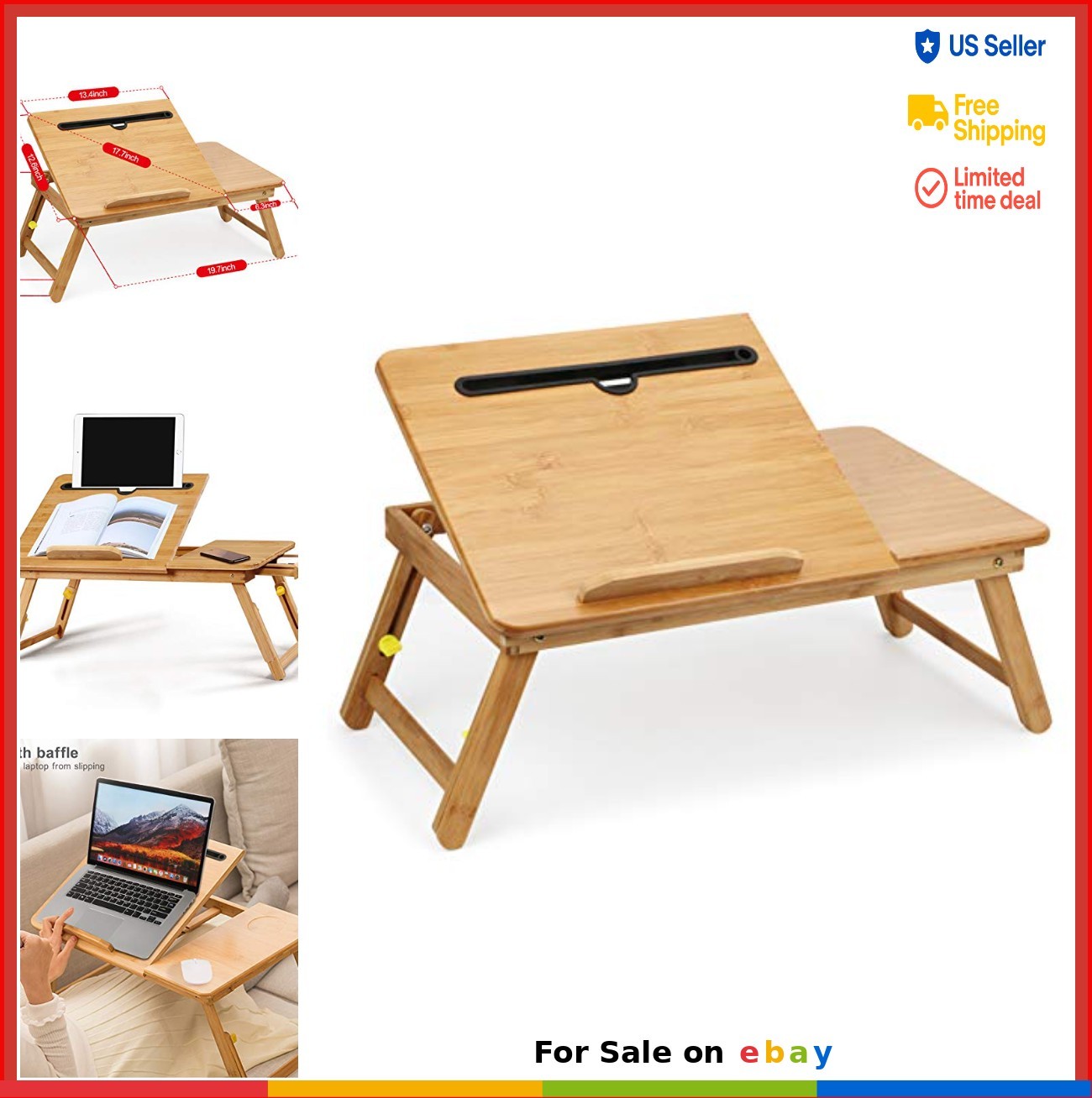Bamboo Lap Desk Bed Tray Table Foldable Height Adjustable Laptop Stand for