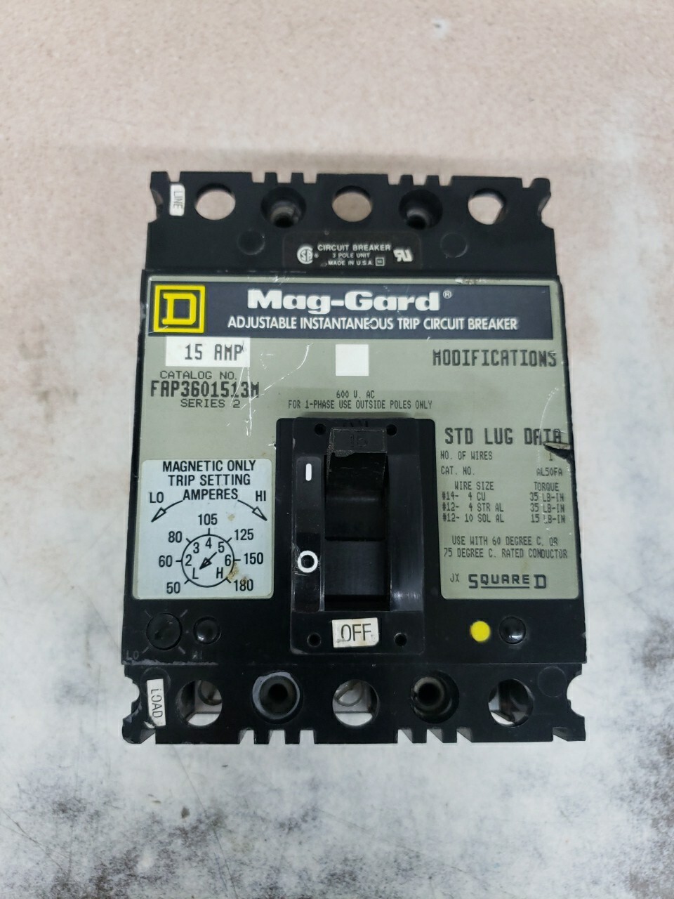 Square D FAP3601513M Series 2 15Amp Circuit Breaker Damage Label