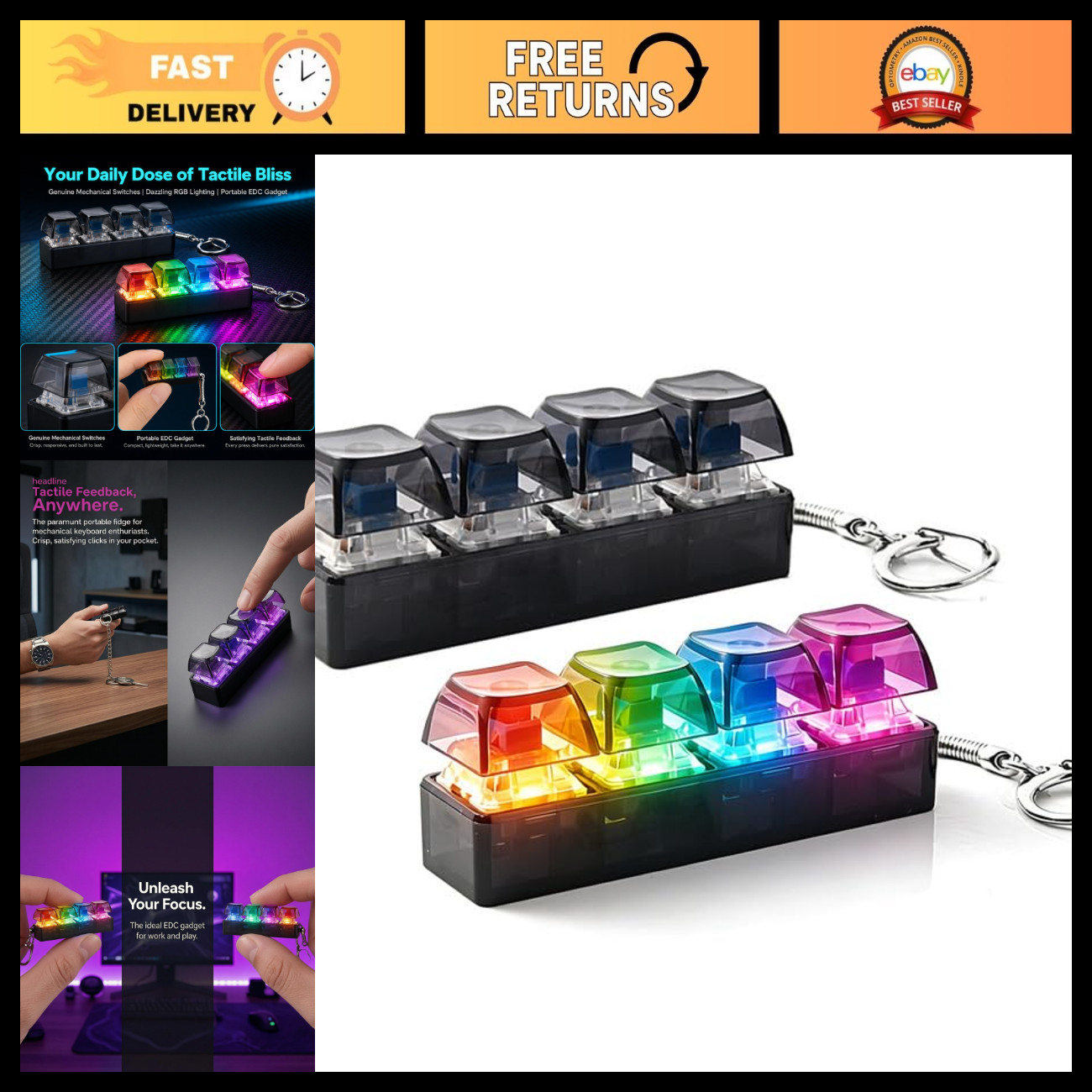 RGB Mechanical Keyboard Switch Tester - 4 Keys Click Toy, Keychain Stress Relief