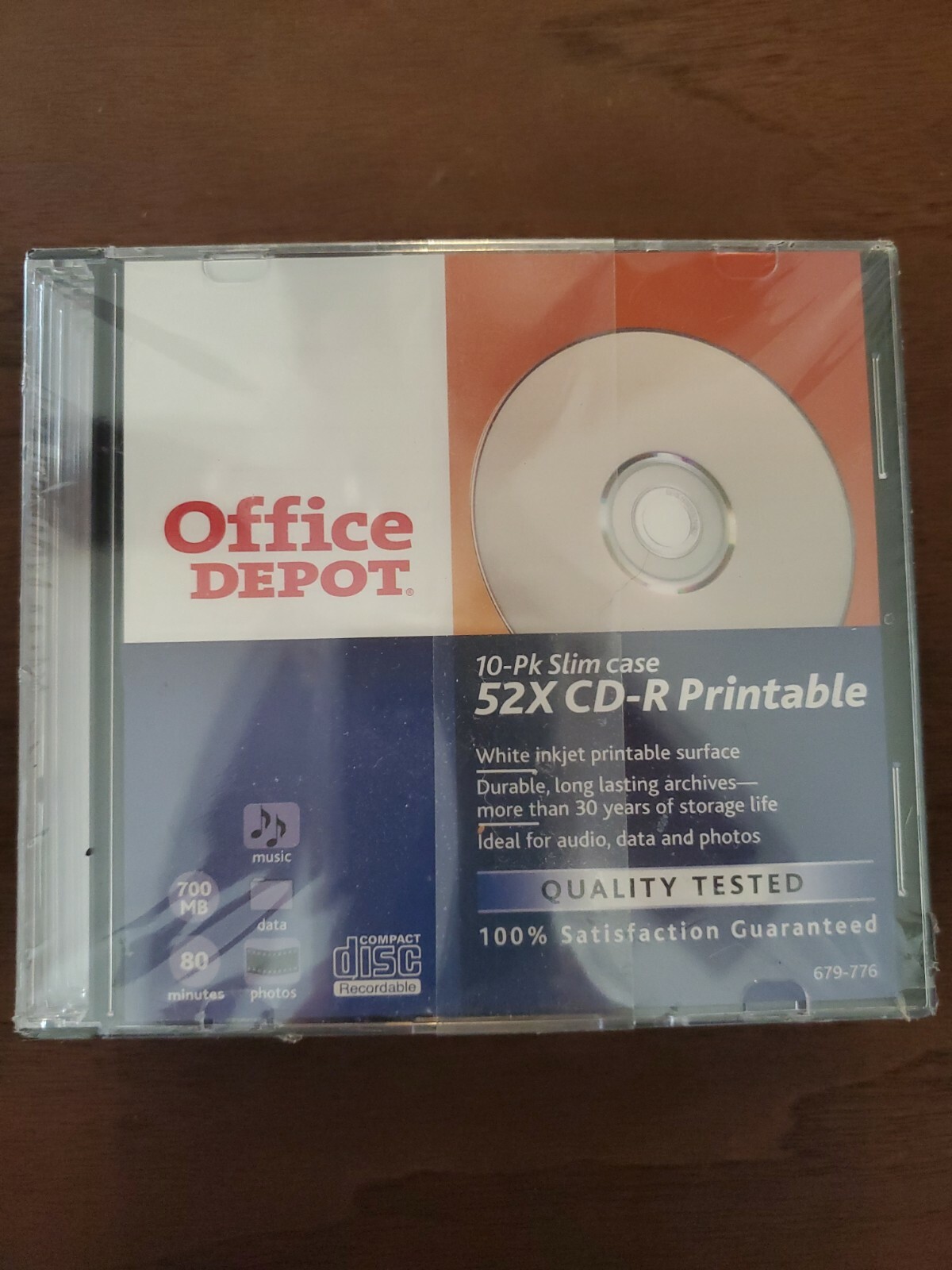 Sealed Office Depot 52x CD-R Printable 10Pk SlimCase 700MB 80Min Music Data Phot
