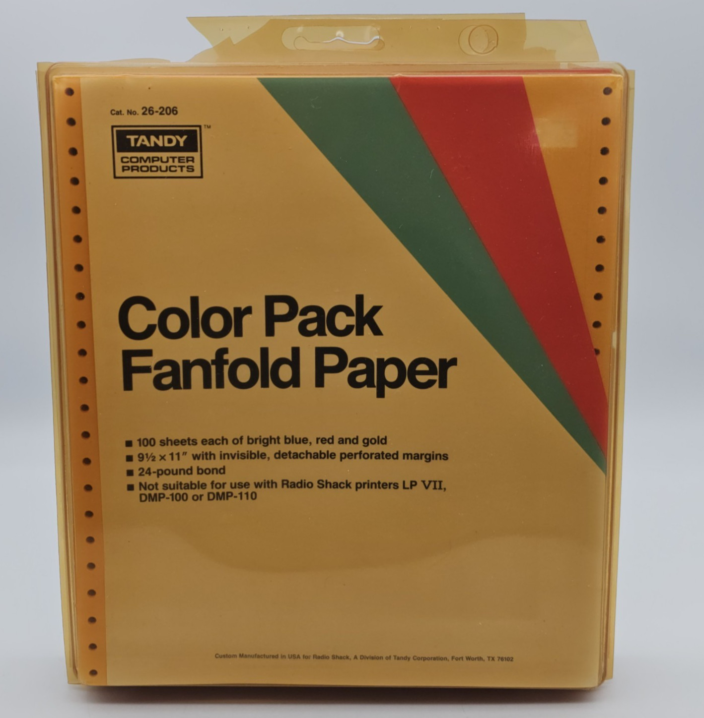 Tandy Dot Matrix Color Pack Fanfold Paper 9.5"x11" 300 Sheets Blue/Red/Gold 24LB