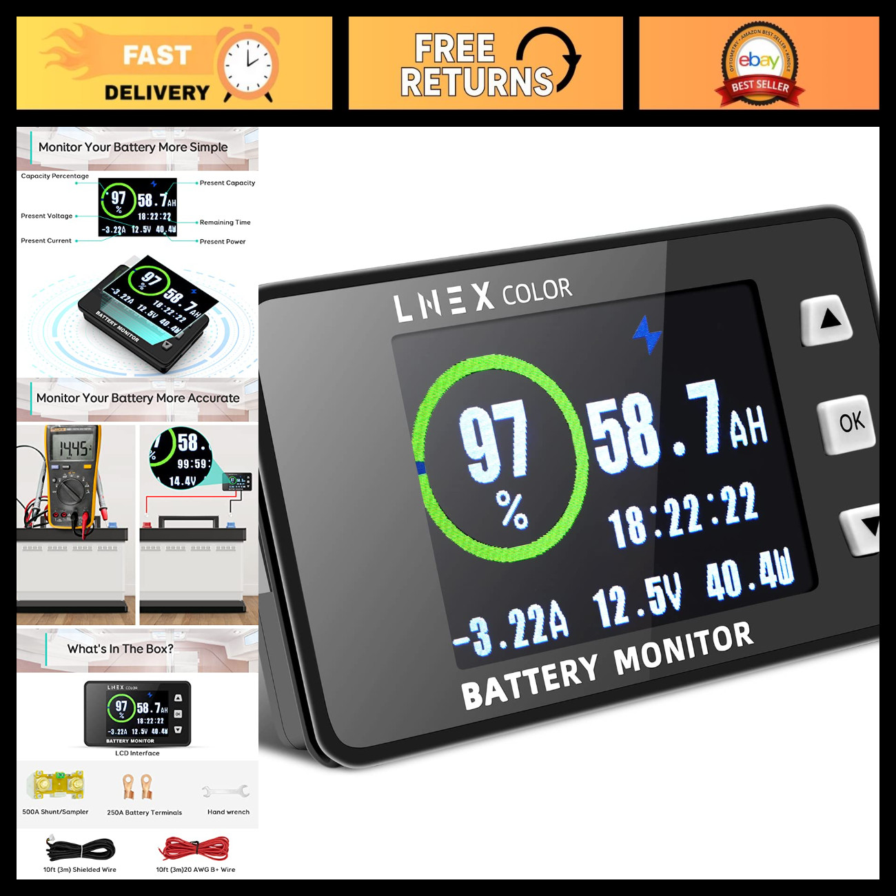 500A Battery Monitor with 2.4" Color Screen, 16ft Wire, Programmable Alarm 8-100