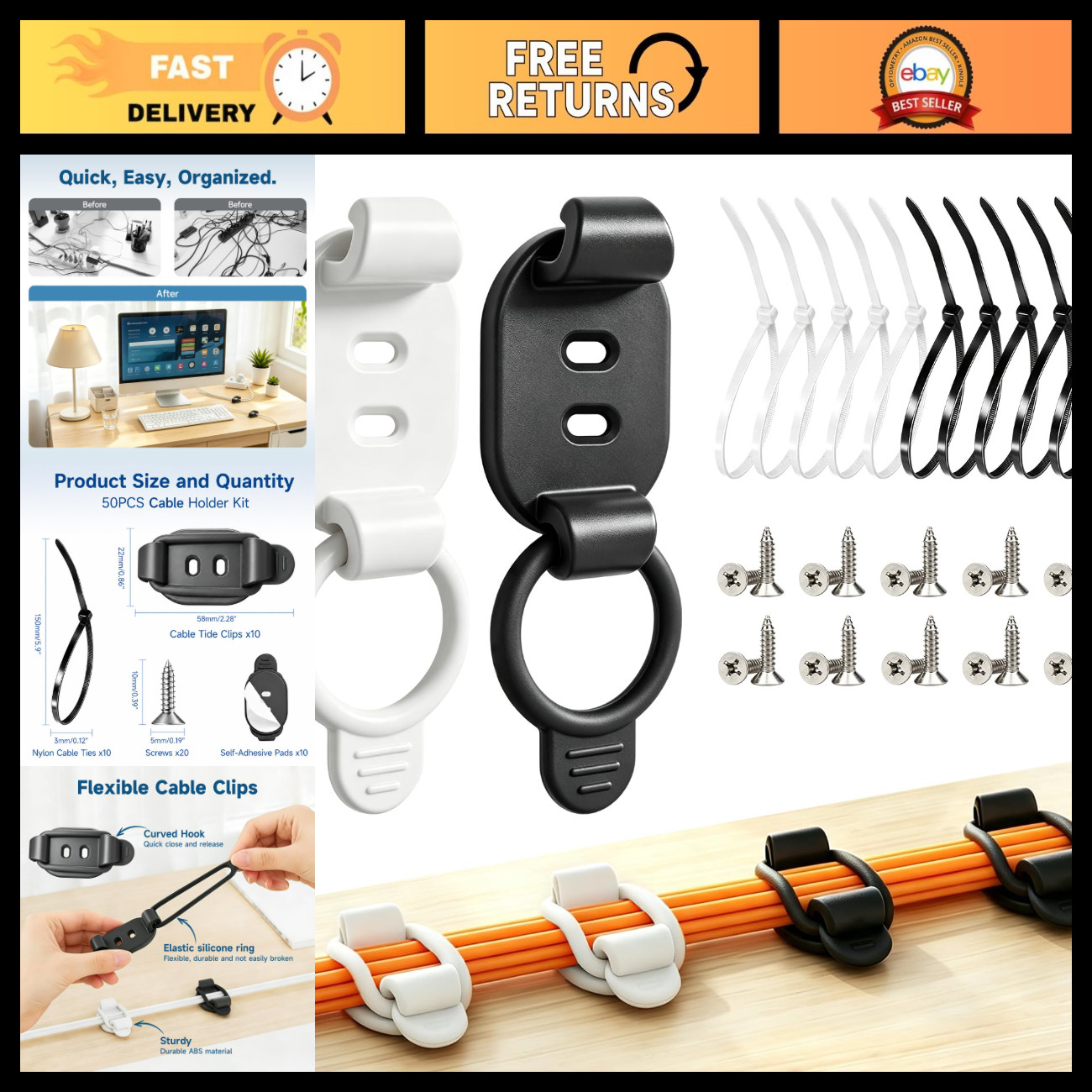 10 Sets Adjustable Cable Management Clips - Self Adhesive Cord Organizer, Reusab