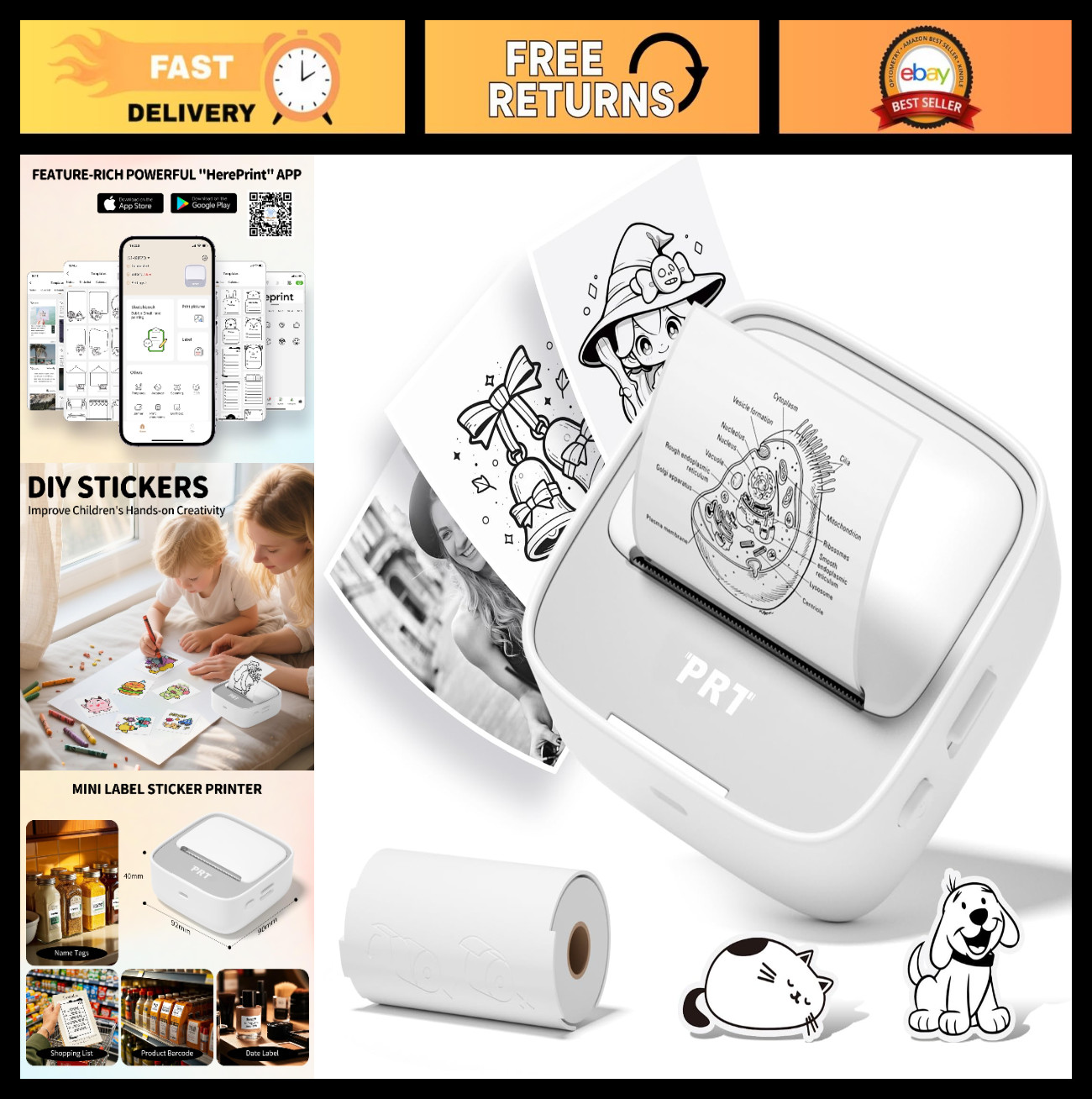 Portable Mini Sticker Printer - Thermal Printing, Includes 1 Roll Sticker Paper