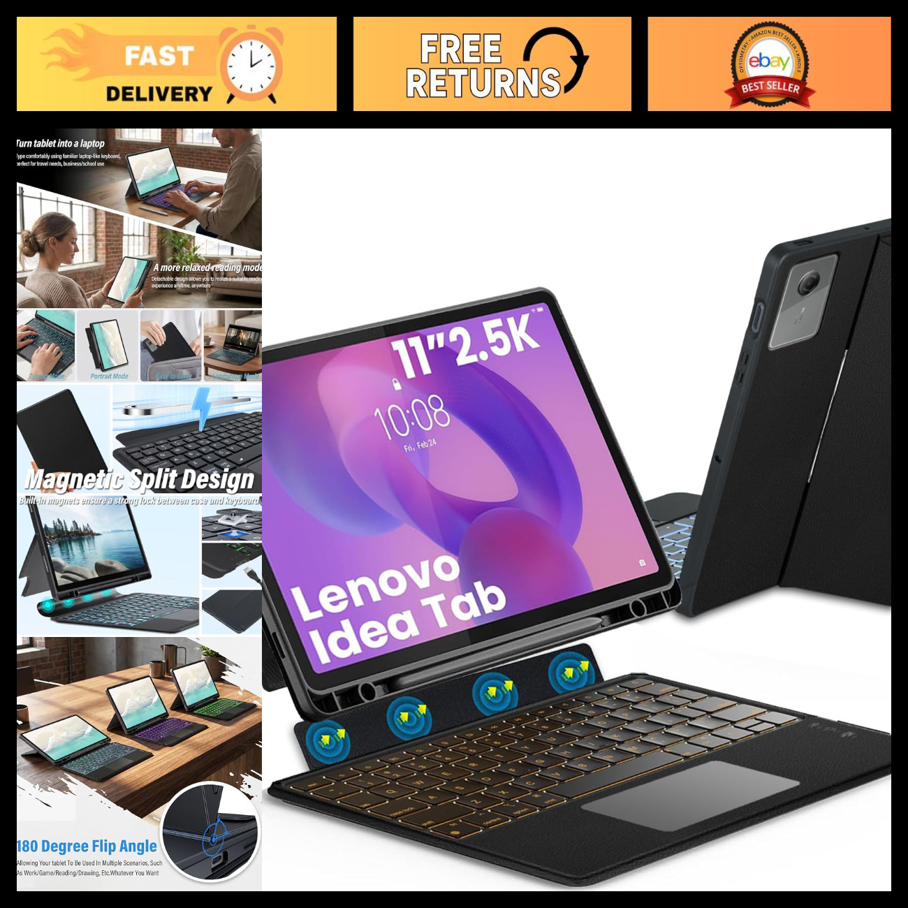 Backlit Touchpad Keyboard Case for 11" Lenovo Tablets - 7 Color Backlight, Detac