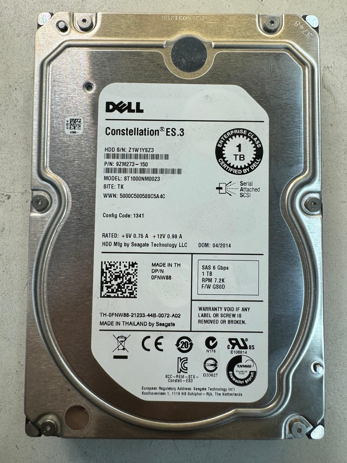 DELL FNW88 ST1000NM0023 9ZM273-150 1TB 7.2K RPM Cache 128MB 6Gb/s SAS 3.5" HDD