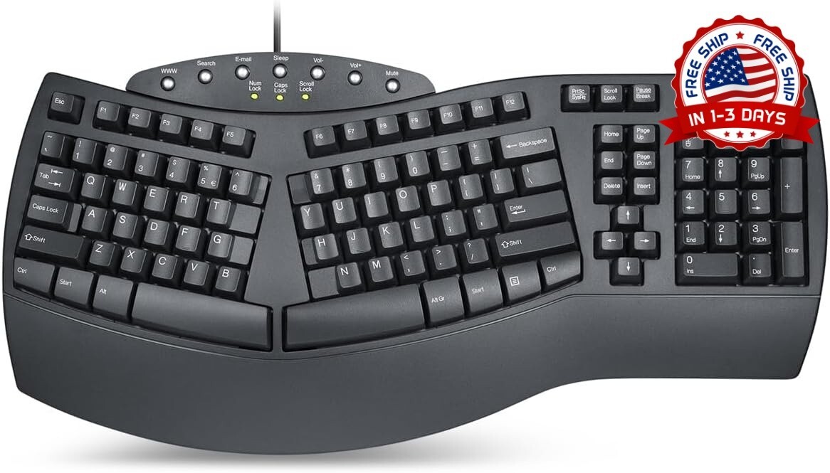 Teclado USB ergonómico dividido con cable y 7 teclas multimedia (Negra) NUEVO US