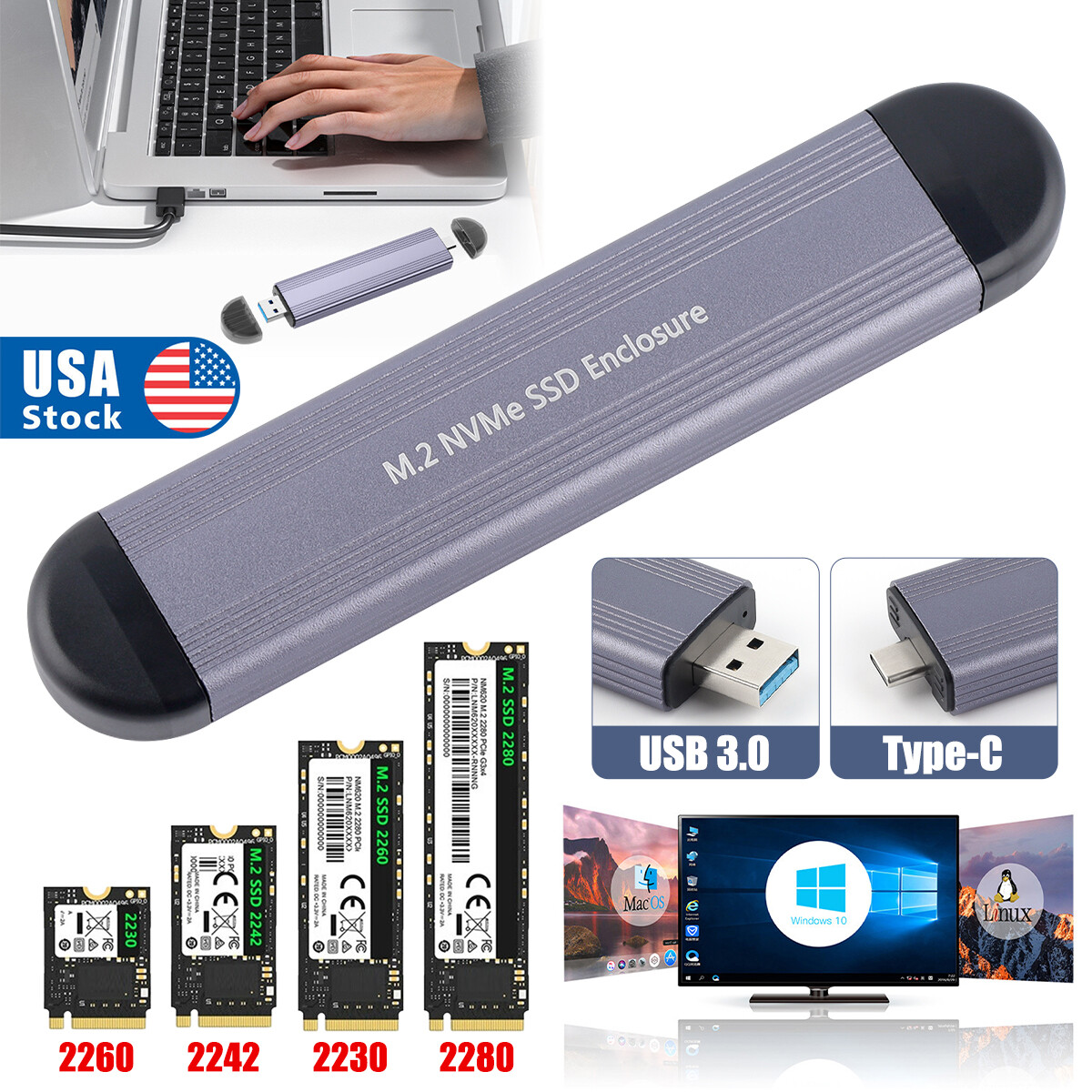 1PCS M.2 NVMe SSD to USB+Type-C 3.0 External Case Hard Drive Enclosure Converter