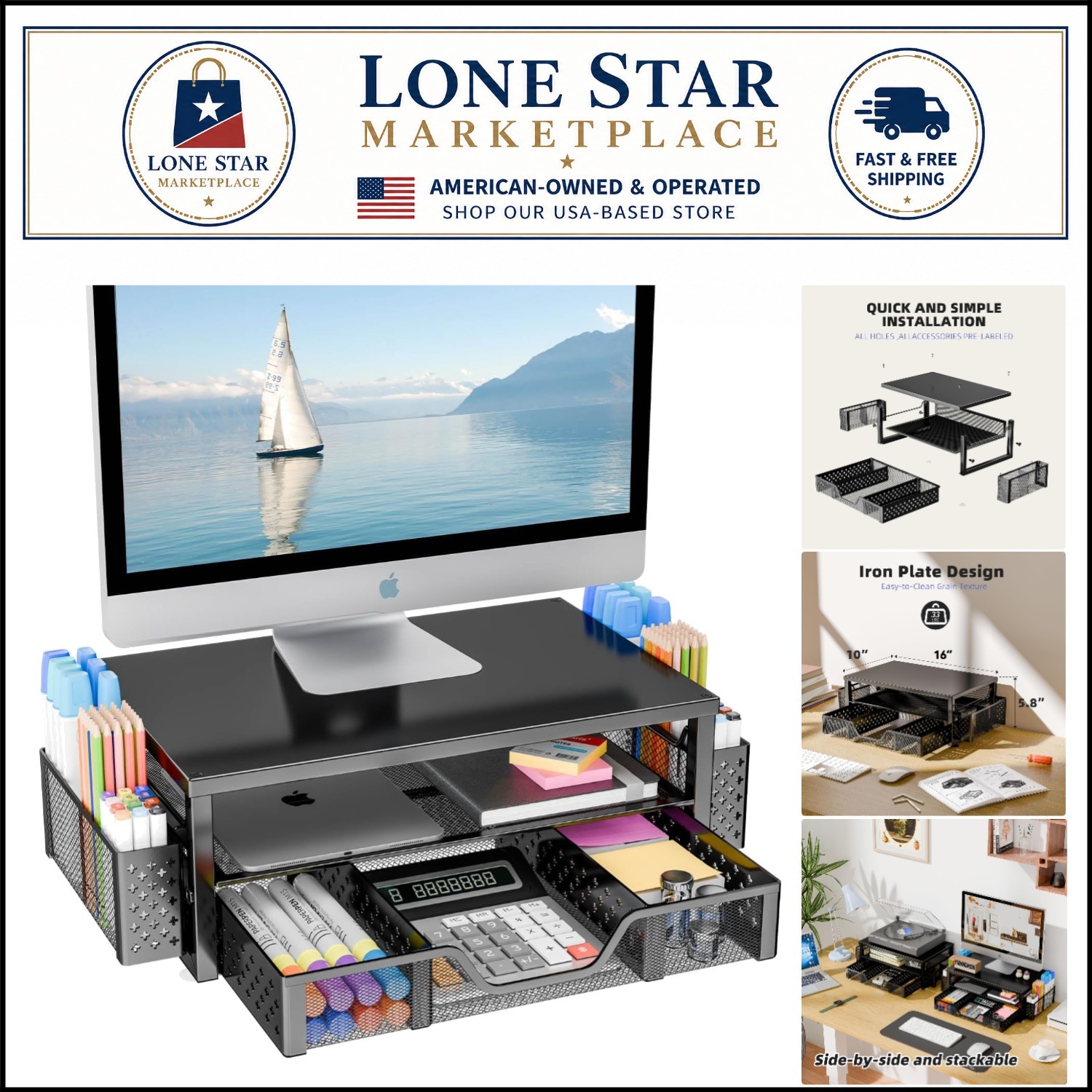Stylish 2-Tier Desk Organizer with Riser, Drawer & Pen Holders - Black Metal
