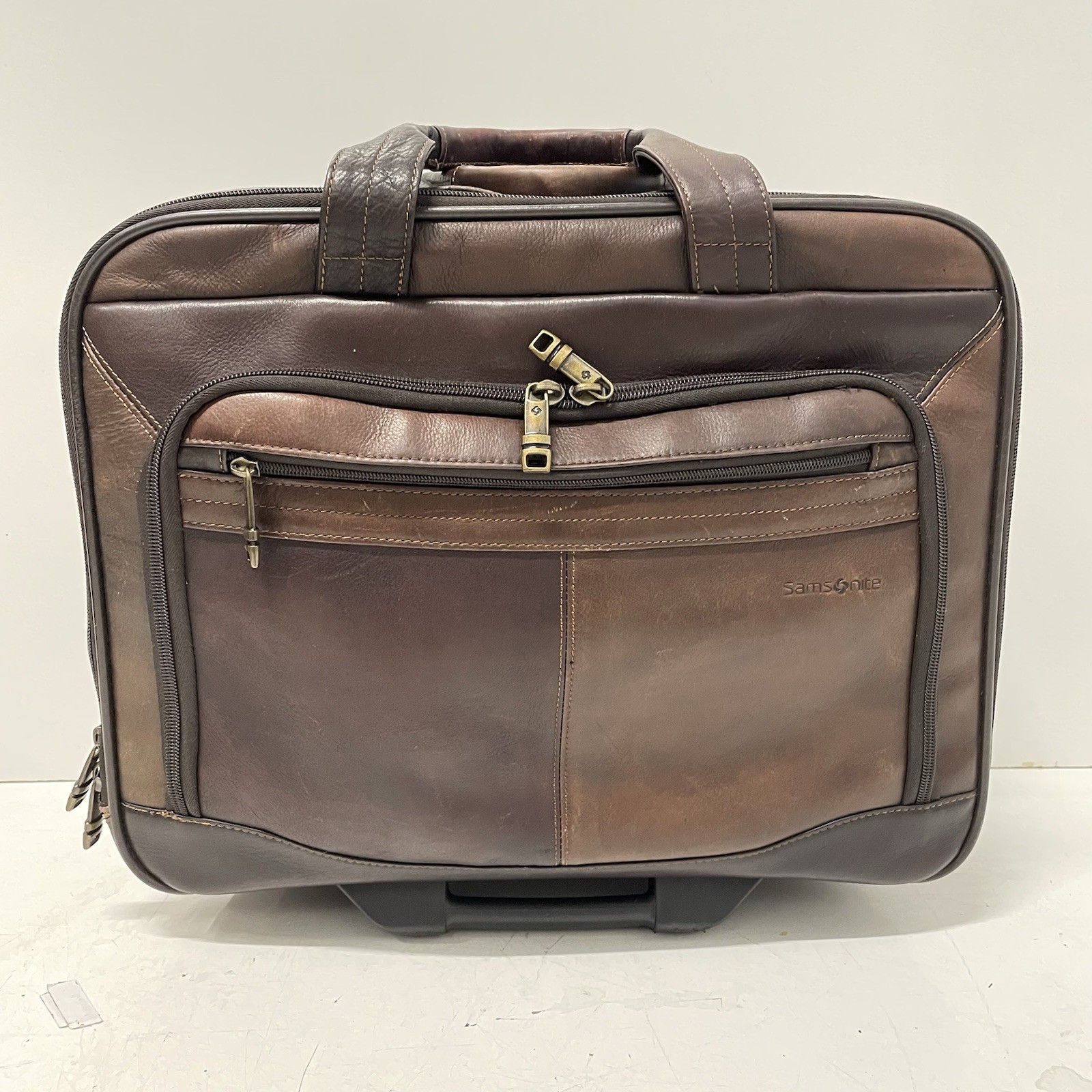 VTG Samsonite Rolling Brown Leather Briefcase Laptop Bag Wheeled Business Case