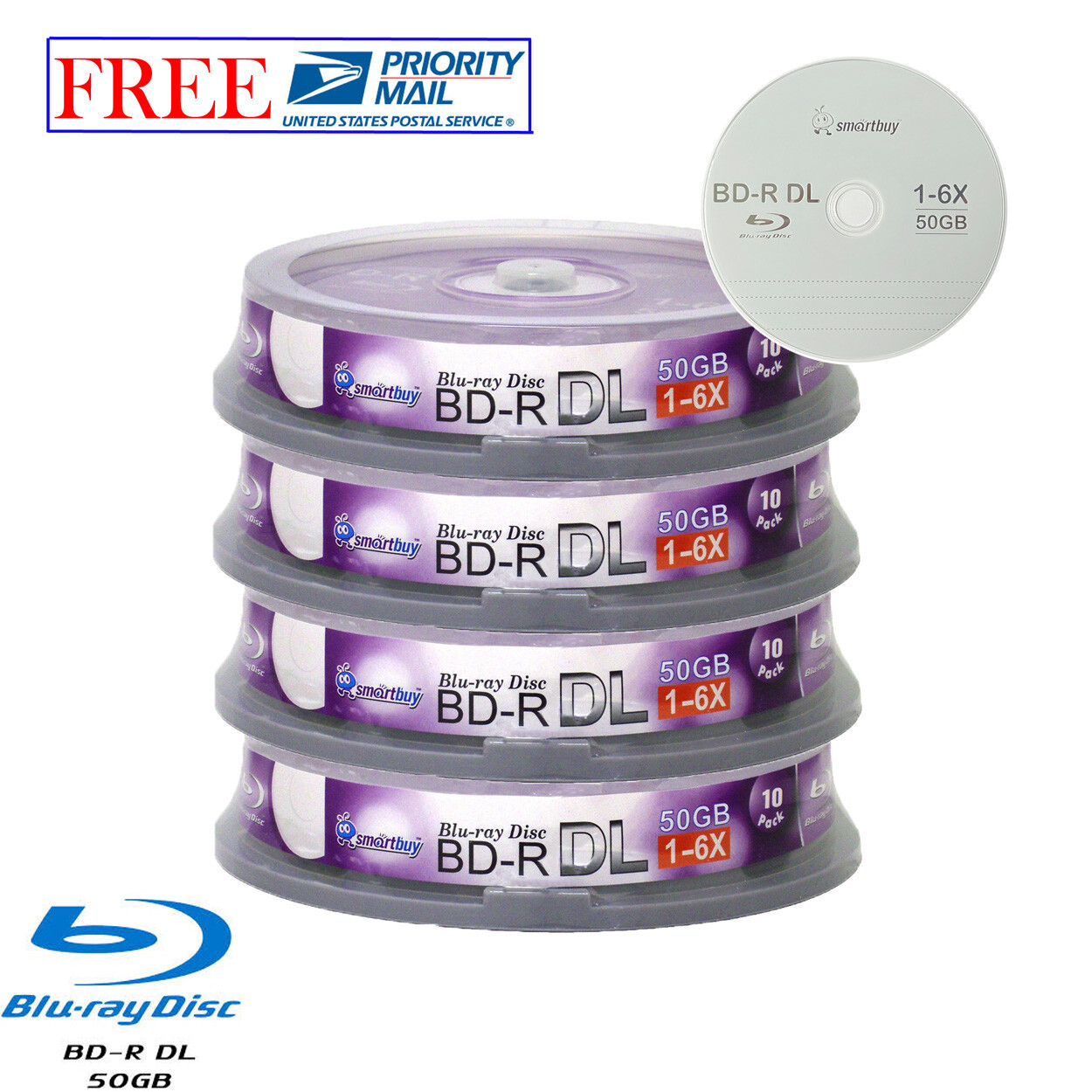 40 Pack Smartbuy Blu-ray BD-R BDR DL Dual Layer 6X 50GB Logo Record Media Disc