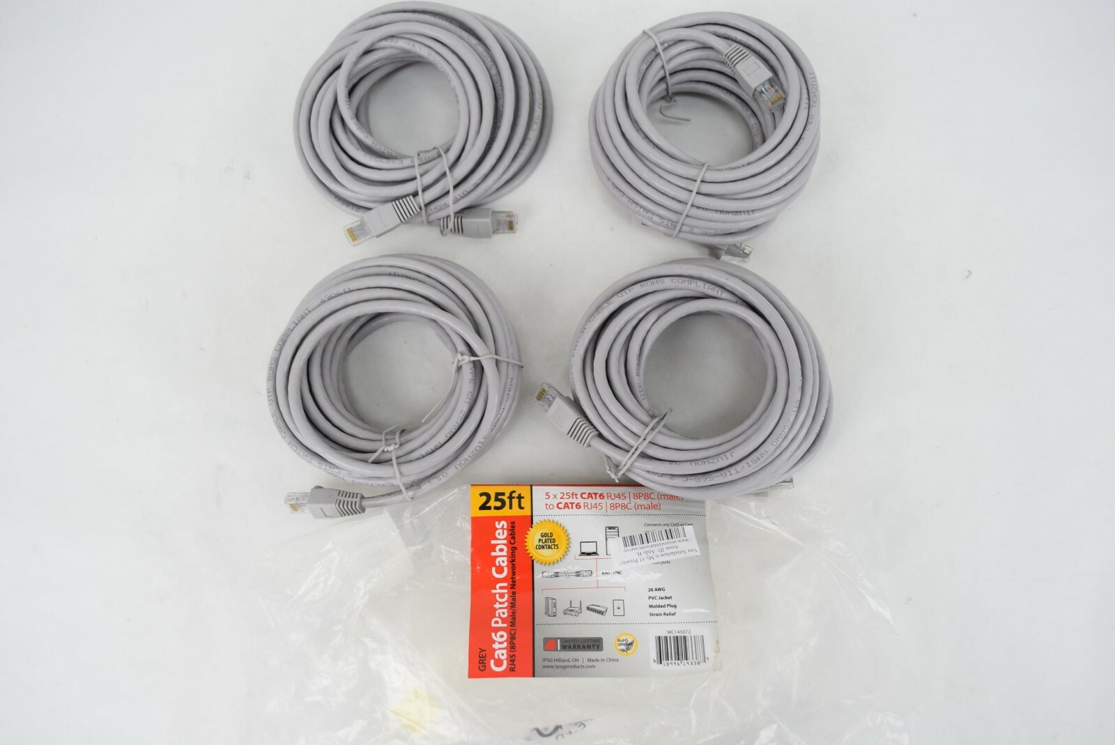 Inland Cat6 25FT CAT6 RJ45 to RJ45 Cable Grey Lot of 4 