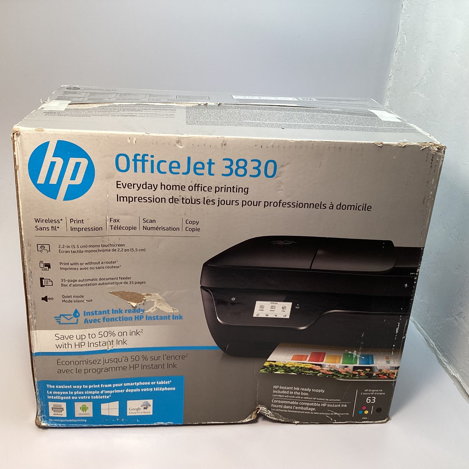 HP OfficeJet 3830 All-in-One Wireless Printer K7V40A Print Scan Copy Fax - New