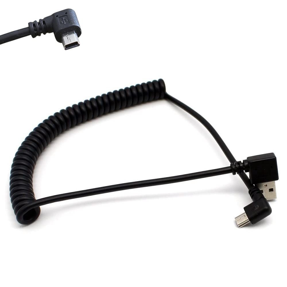 Coiled 1.5m Left Angle Mini B USB Charger Cable for Mini USB Devices 2-Pack