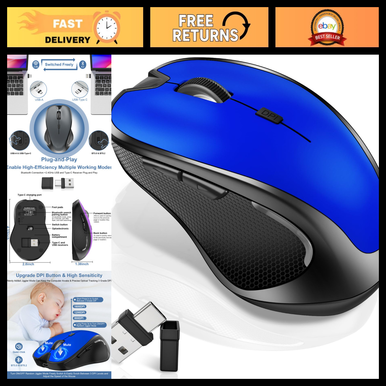 Bluetooth Wireless Mouse for MacBook, iPad, Laptop - Jiggler Feature, Ergonomic