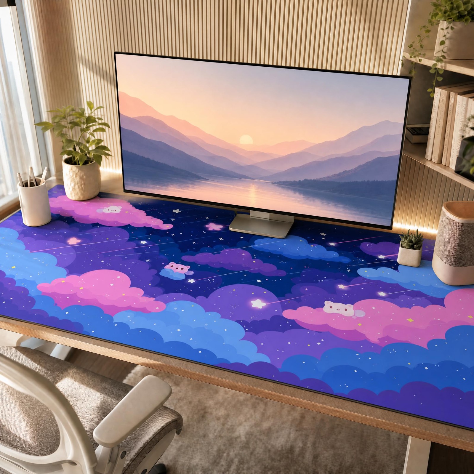 Extra Large Pad 48x24 Inch, Cute Cartoon Cat Starry Sky Desk Mat with Non-Sli...