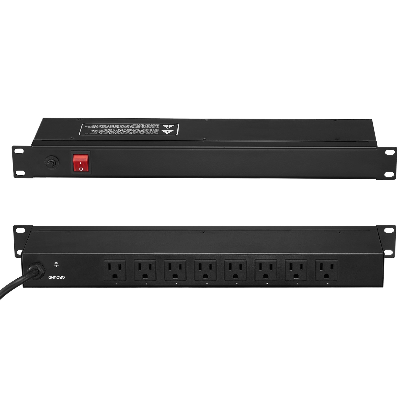 19" 1U PDU 8 Outlets Rack Mount Power Strip Surge Overload Protection