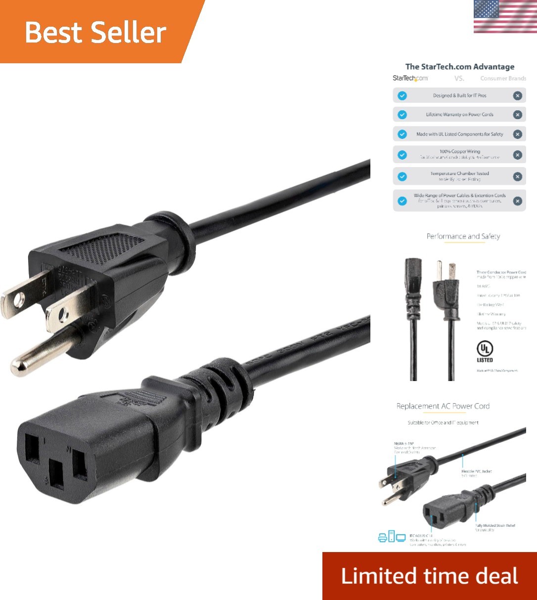 StarTech 10ft Computer Power Cord, 10A 125V, 18AWG, Black