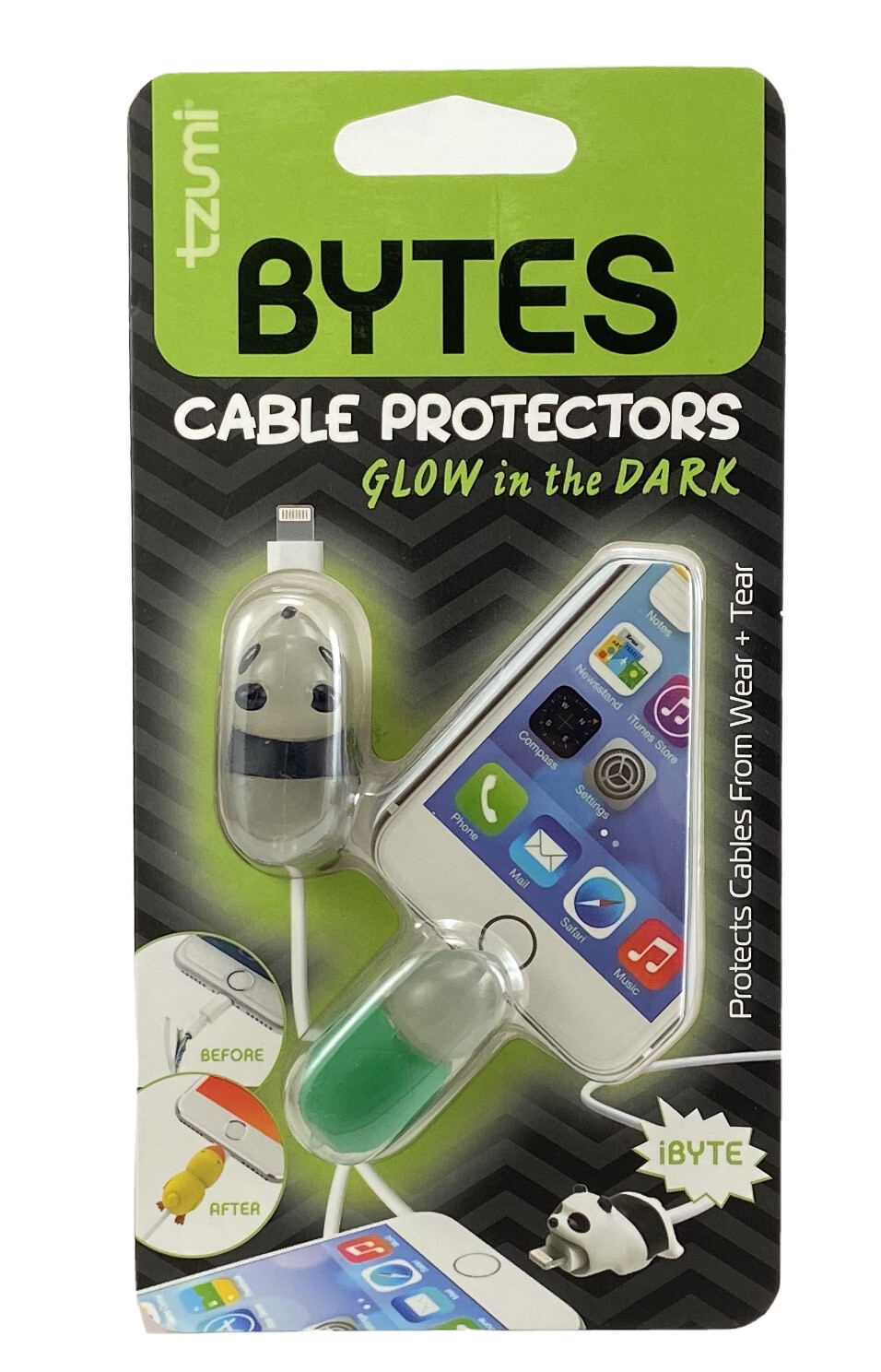 Tzumi - Bytes Connector Plug Protector (2-Pack) - Panda/ Turtle Glow in the dark